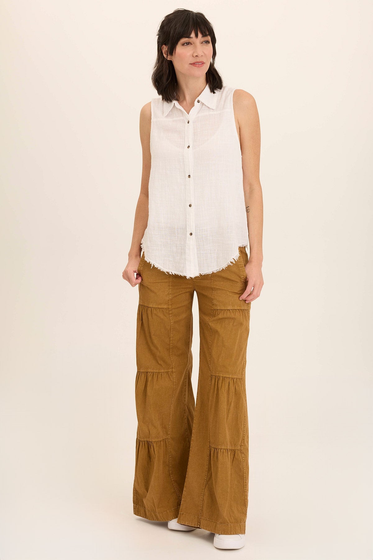 Wearables Tiered Wide Leg Drawstring Flare Ruched Pant