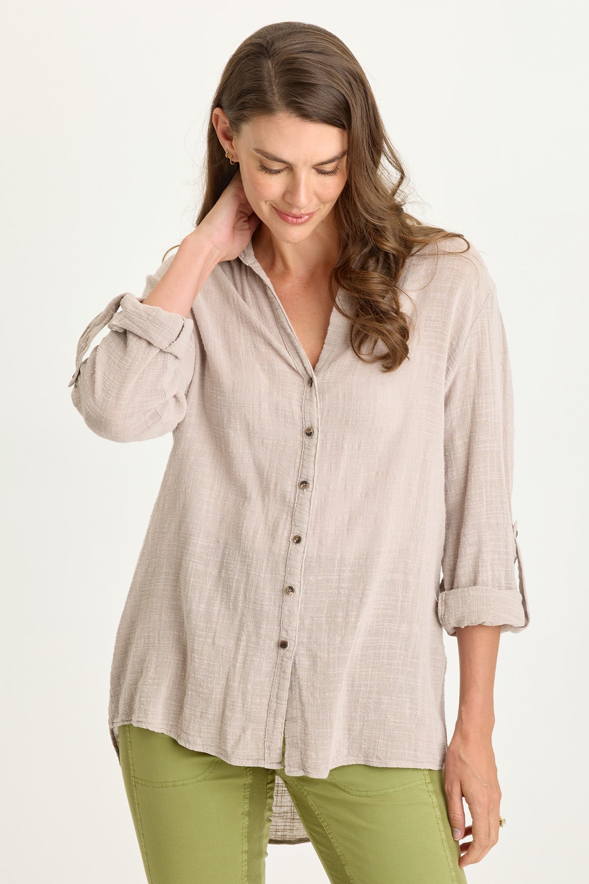 Wearables Porter Gauze Curved Hem Button-Up Top