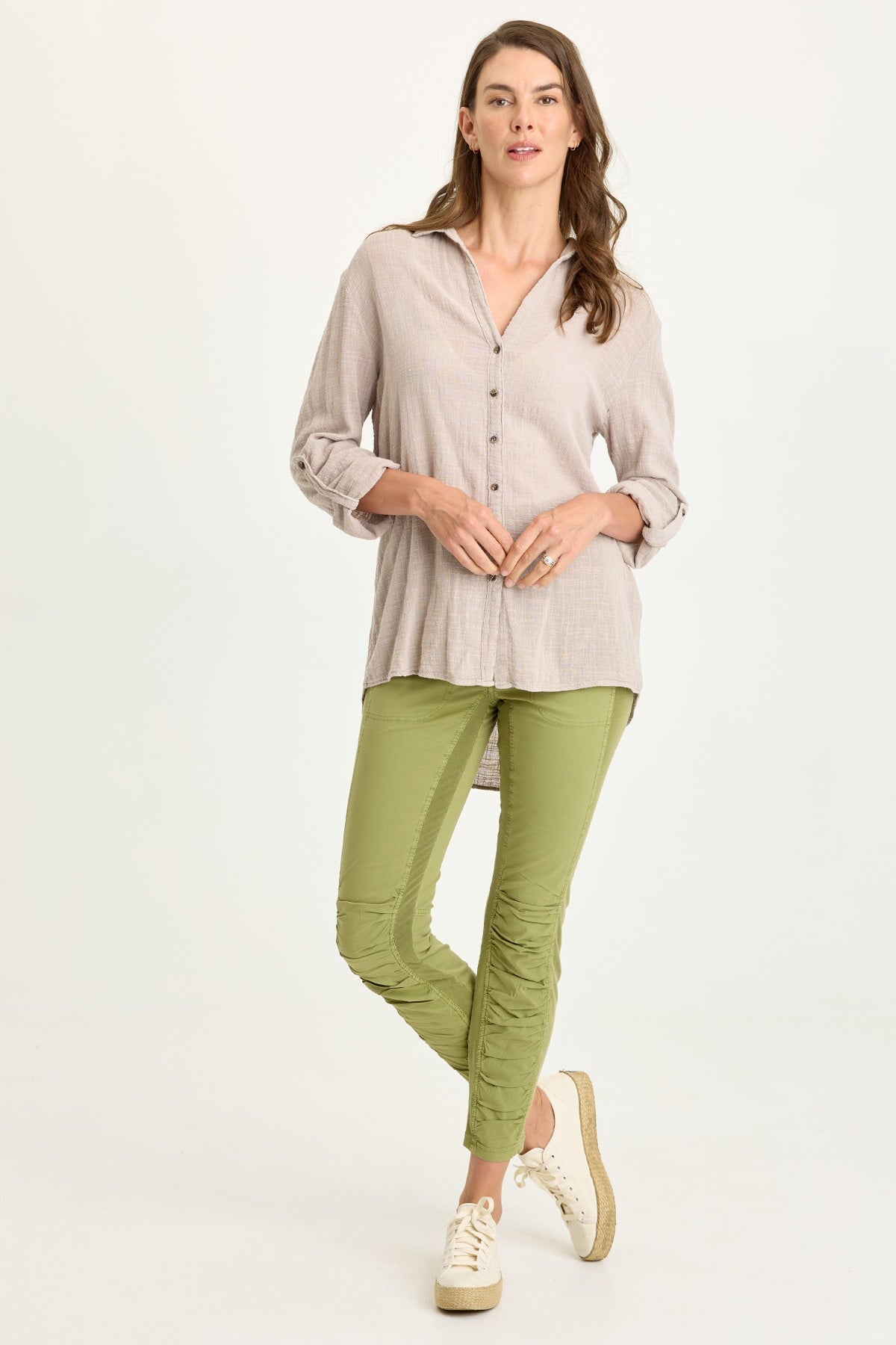 Wearables Porter Gauze Curved Hem Button-Up Top