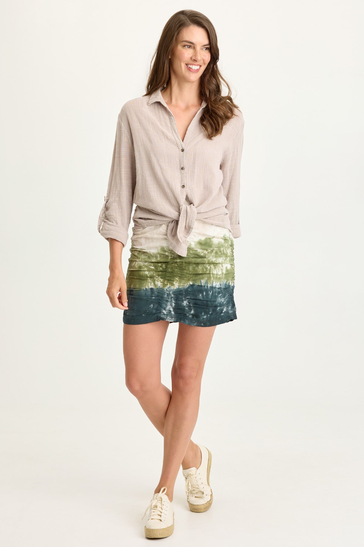 Wearables Porter Gauze Curved Hem Button-Up Top