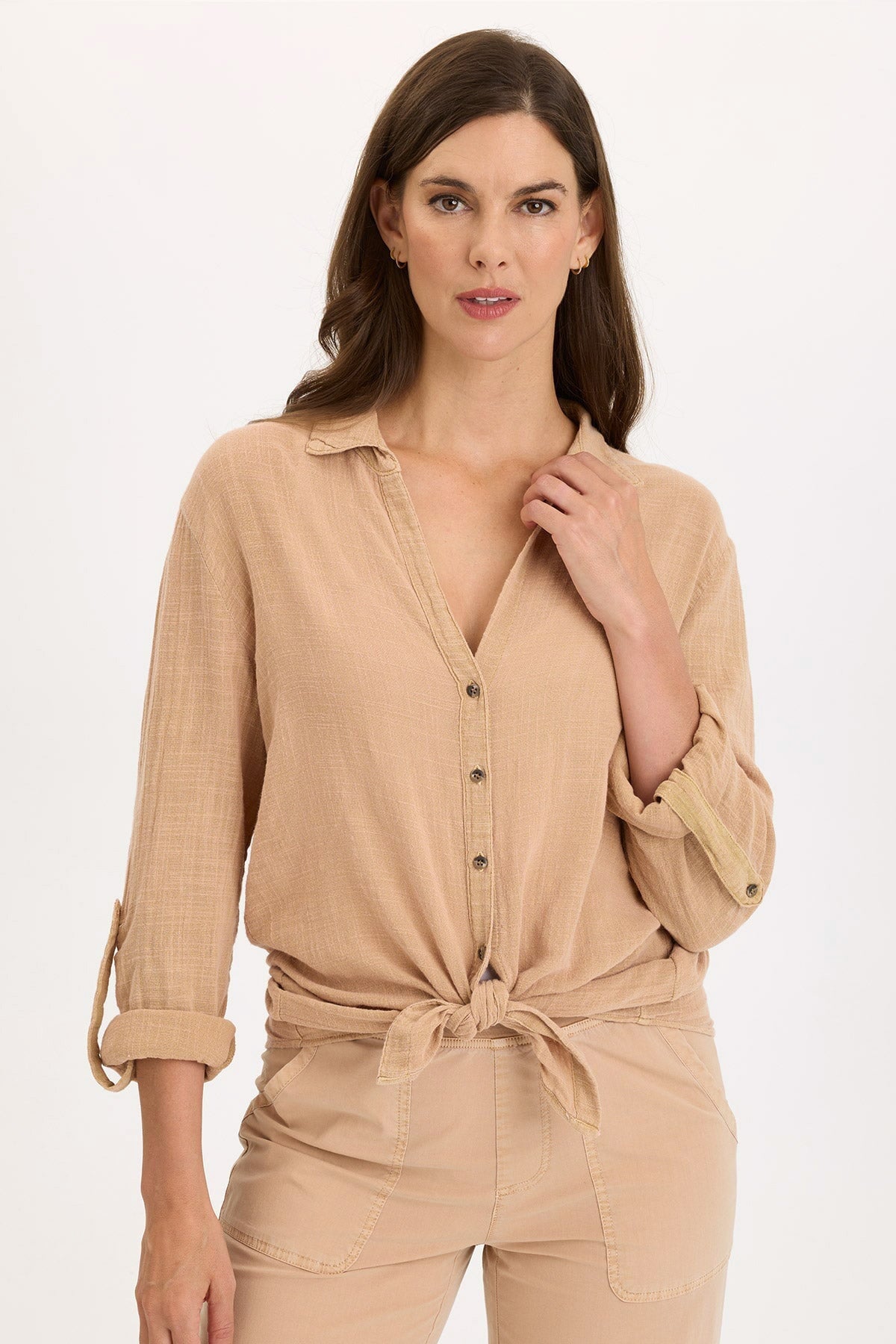 Wearables Porter Gauze Curved Hem Button-Up Top