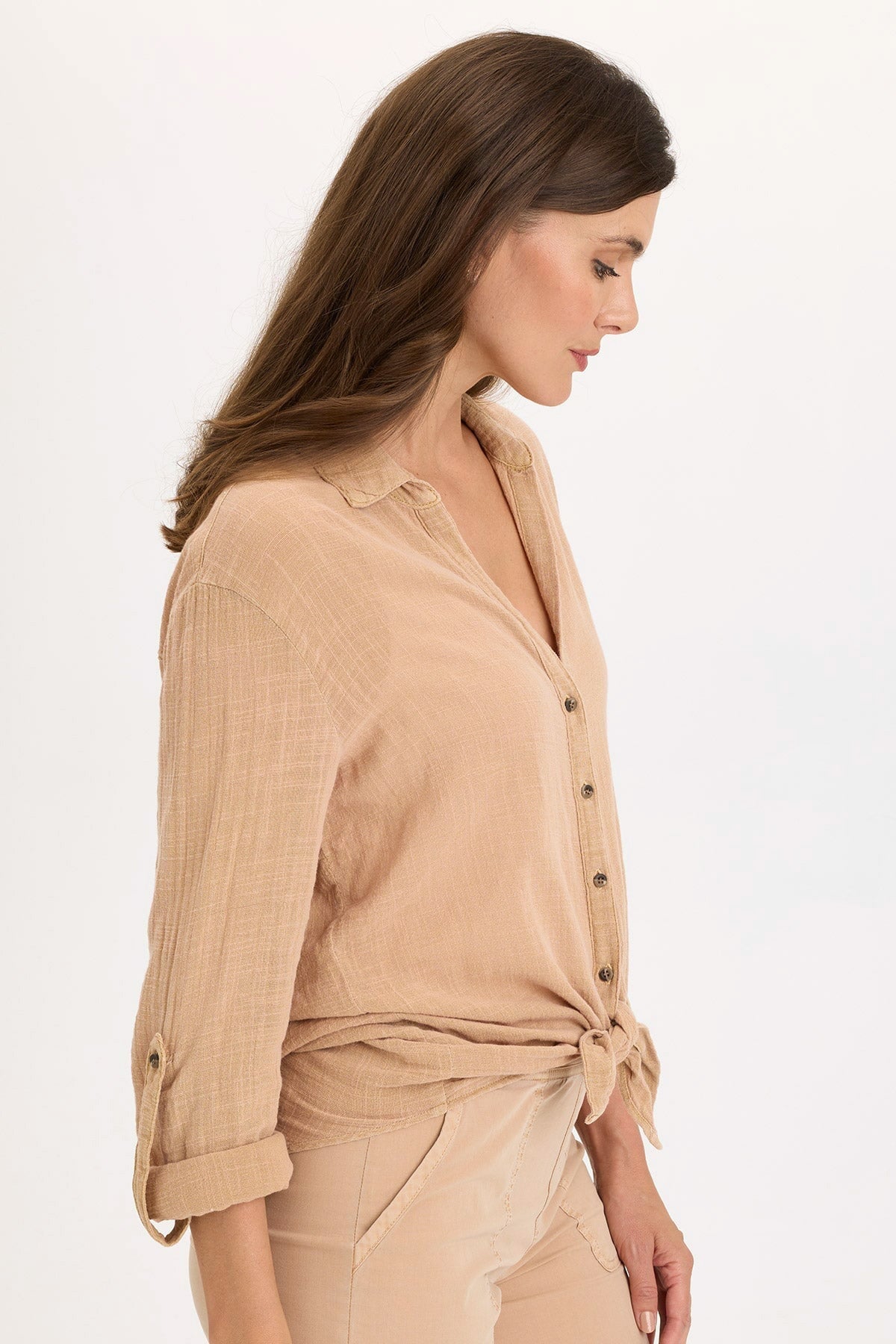 Wearables Porter Gauze Curved Hem Button-Up Top