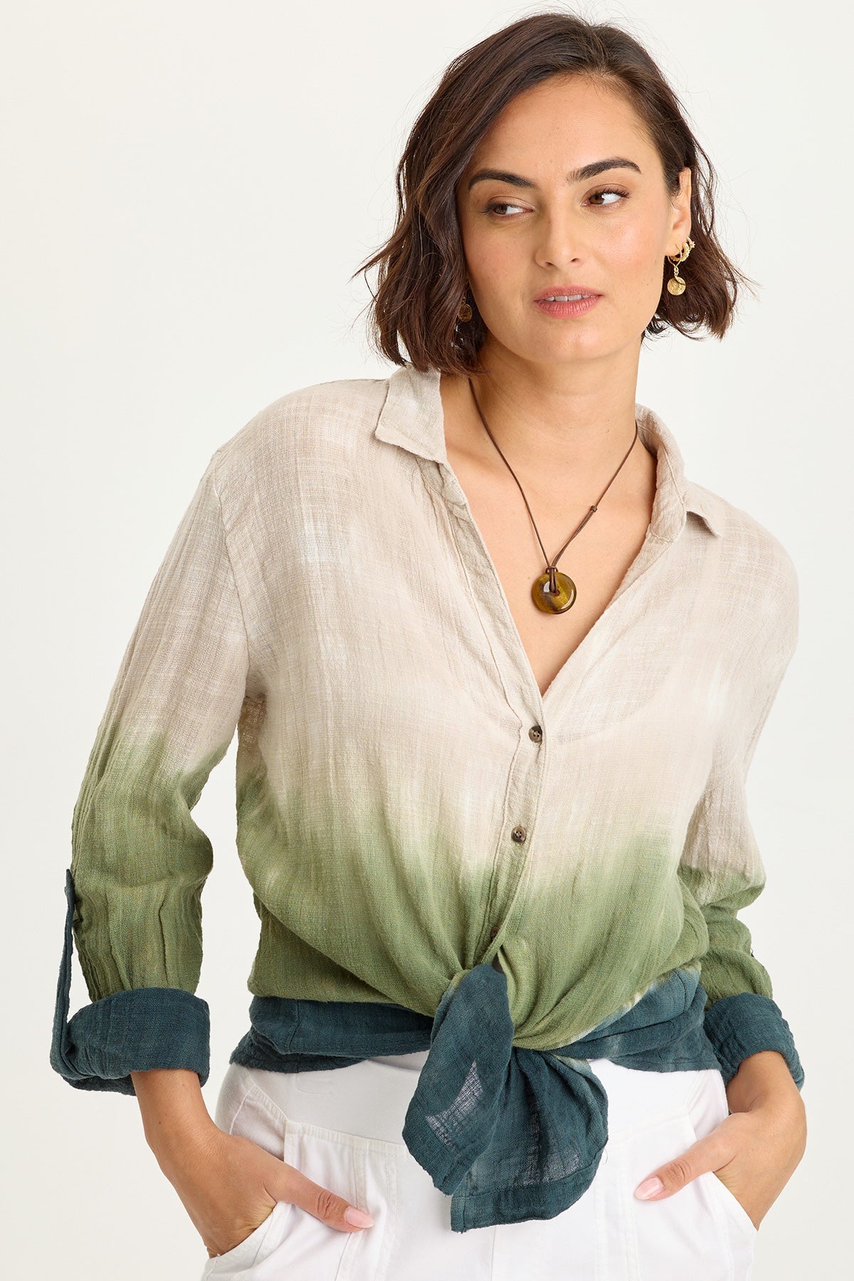 Wearables Porter Gauze Curved Hem Button-Up Top