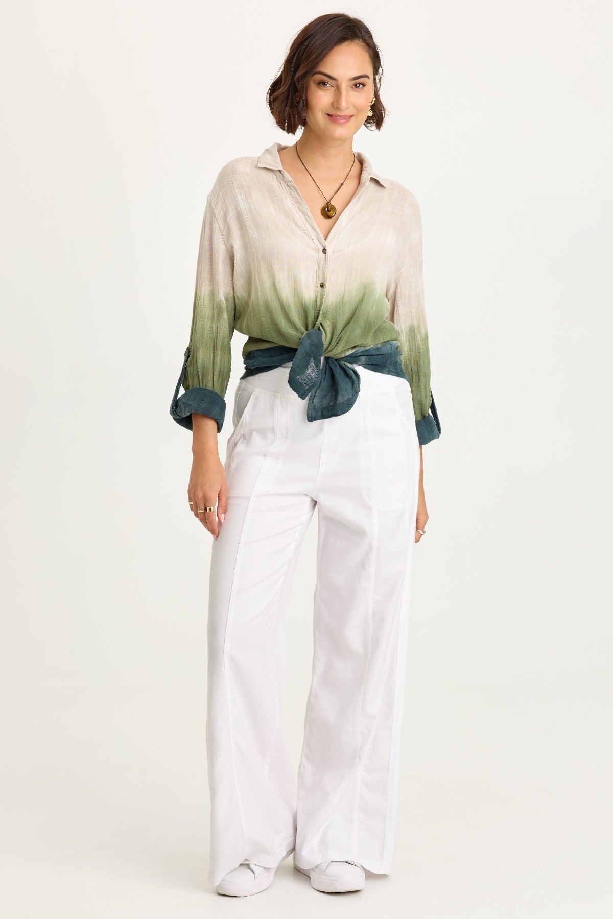 Wearables Porter Gauze Curved Hem Button-Up Top