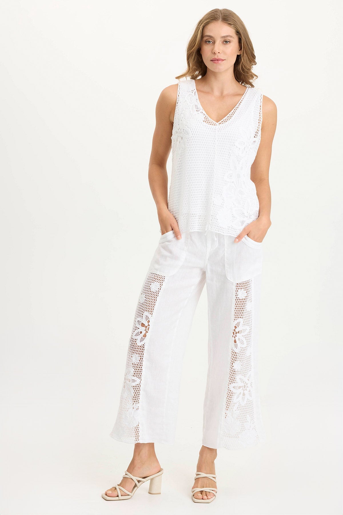 XCVI Rokel Linen/Crochet Ruched Wide Leg Pant