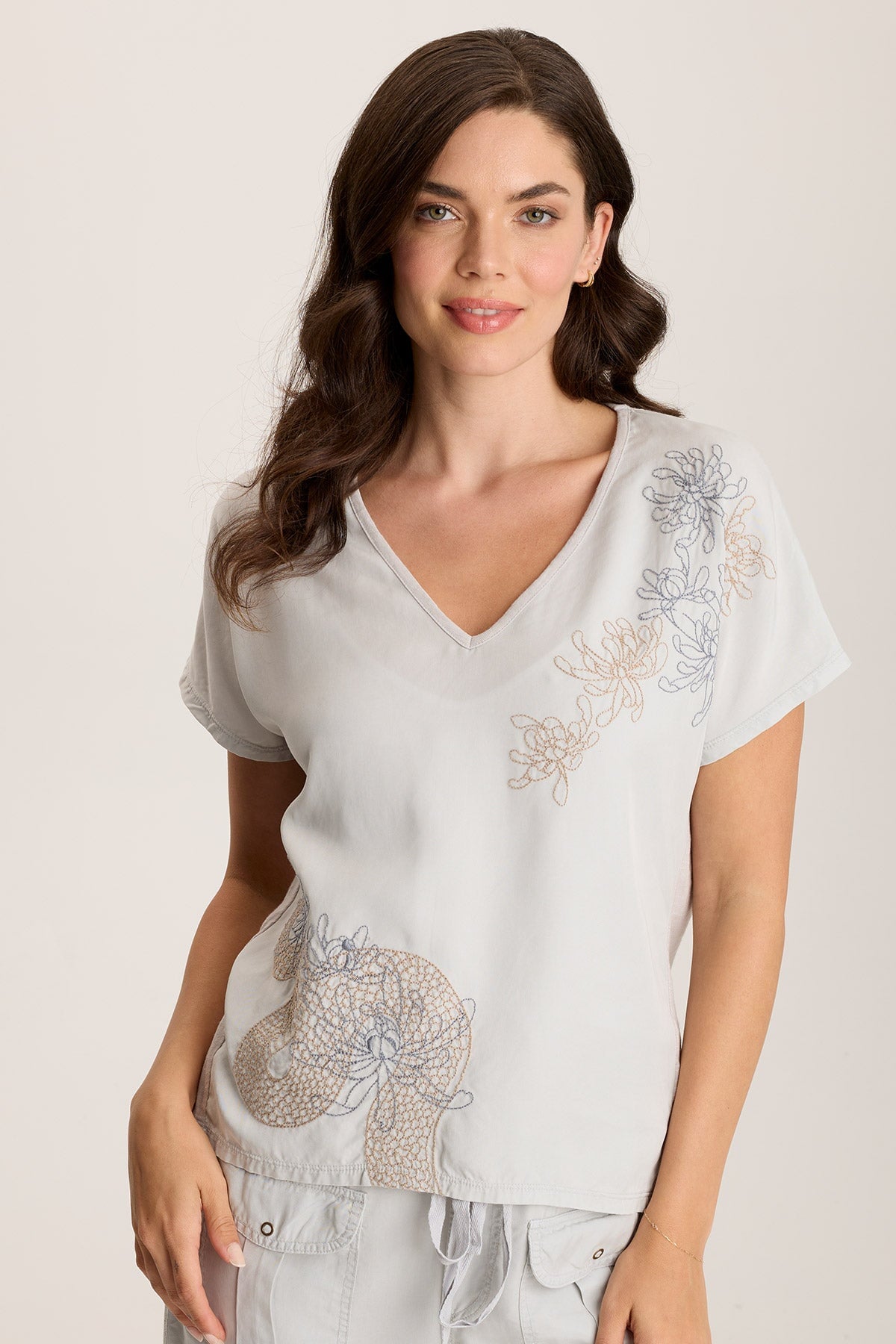 XCVI Jolina Twill V-Neck Embroidered Tee