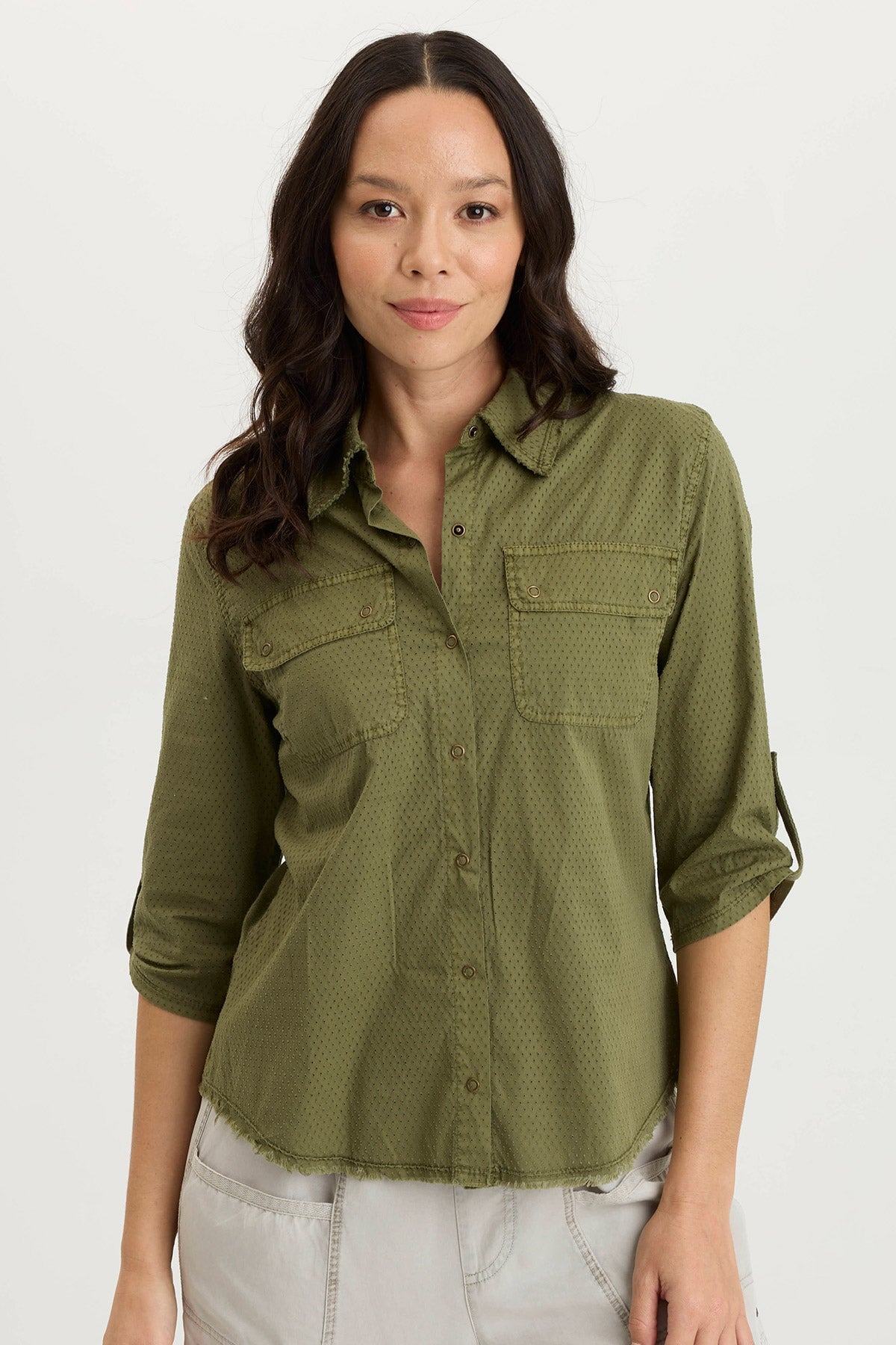 XCVI Arvin Perforated Poplin + Jersey Tabbed 3/4-Sleeve Snap-Up Top