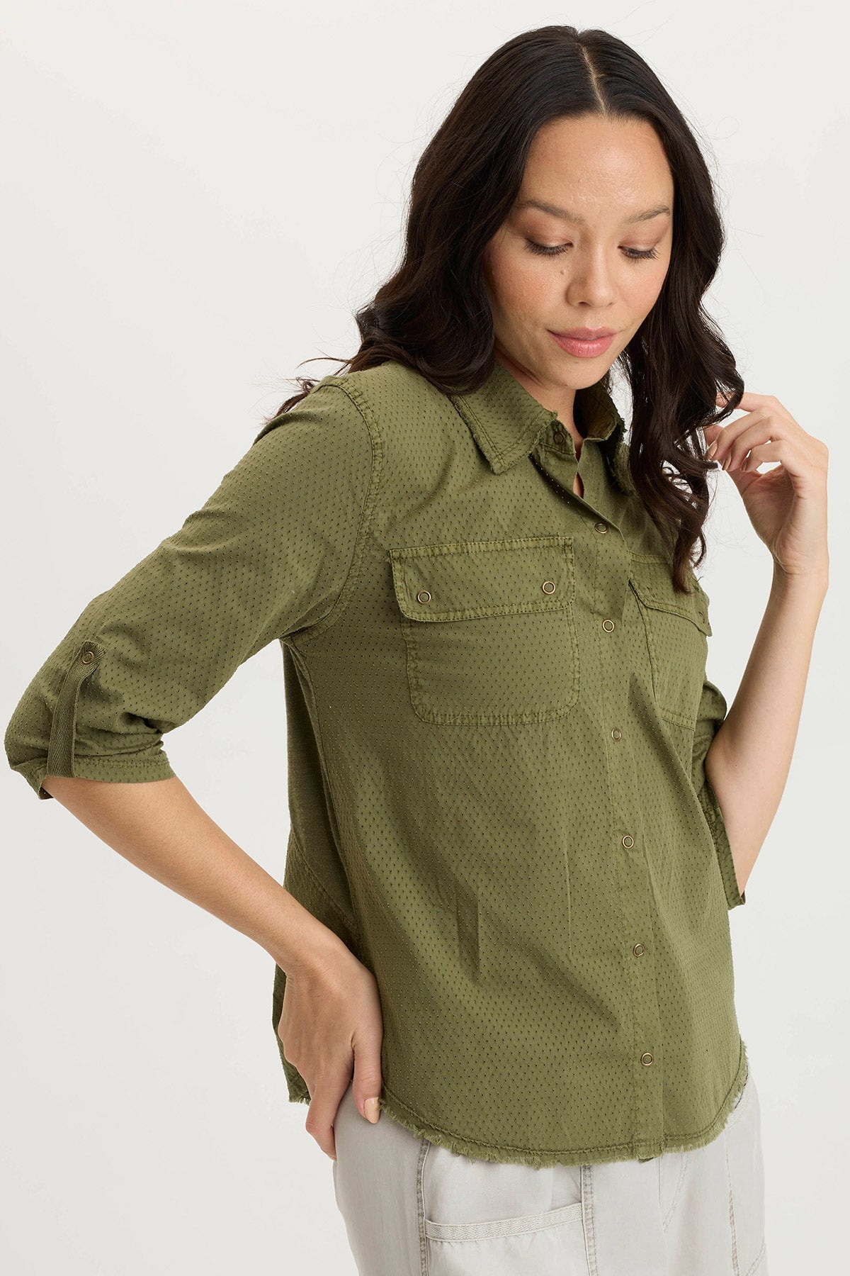 XCVI Arvin Perforated Poplin + Jersey Tabbed 3/4-Sleeve Snap-Up Top