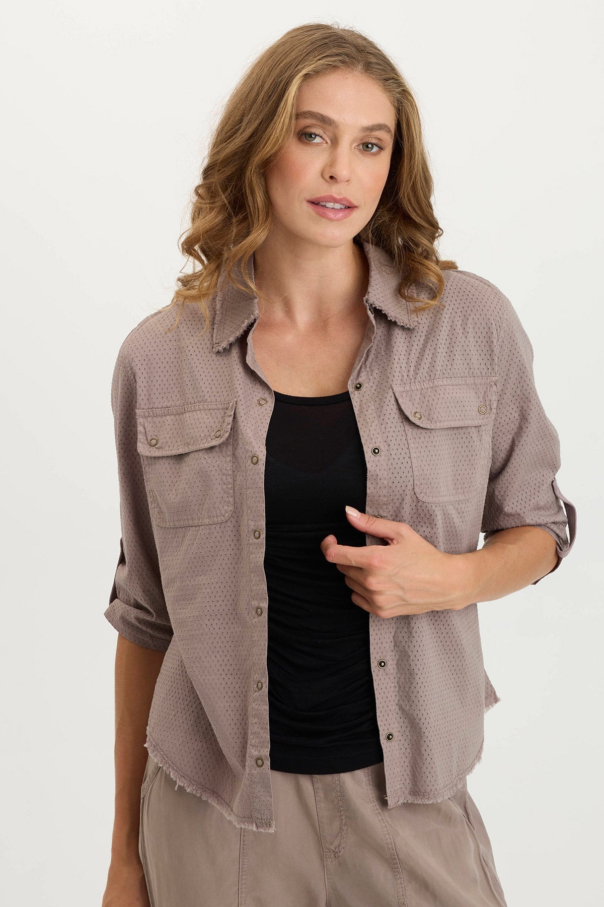 XCVI Arvin Perforated Poplin + Jersey Tabbed 3/4-Sleeve Snap-Up Top