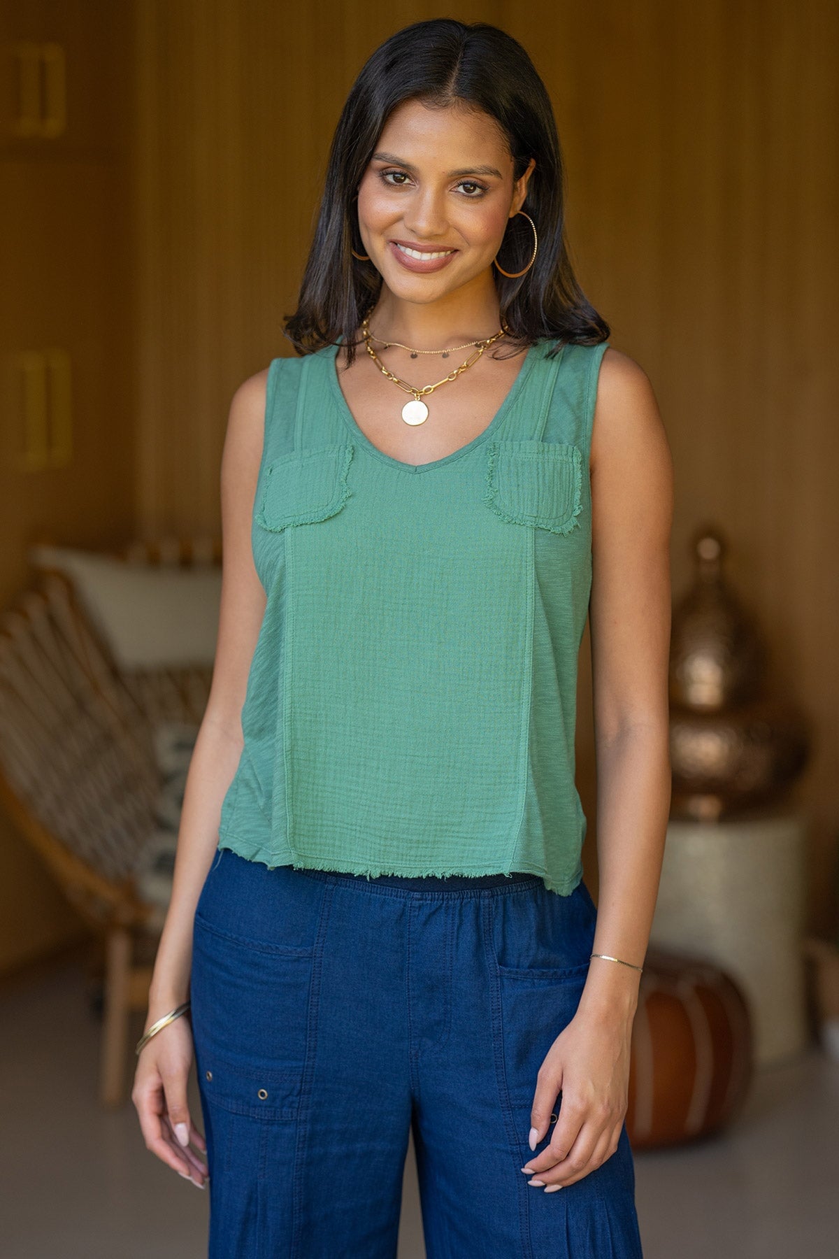 XCVI Kirkley Gauze/Jersey V-Neck Tank