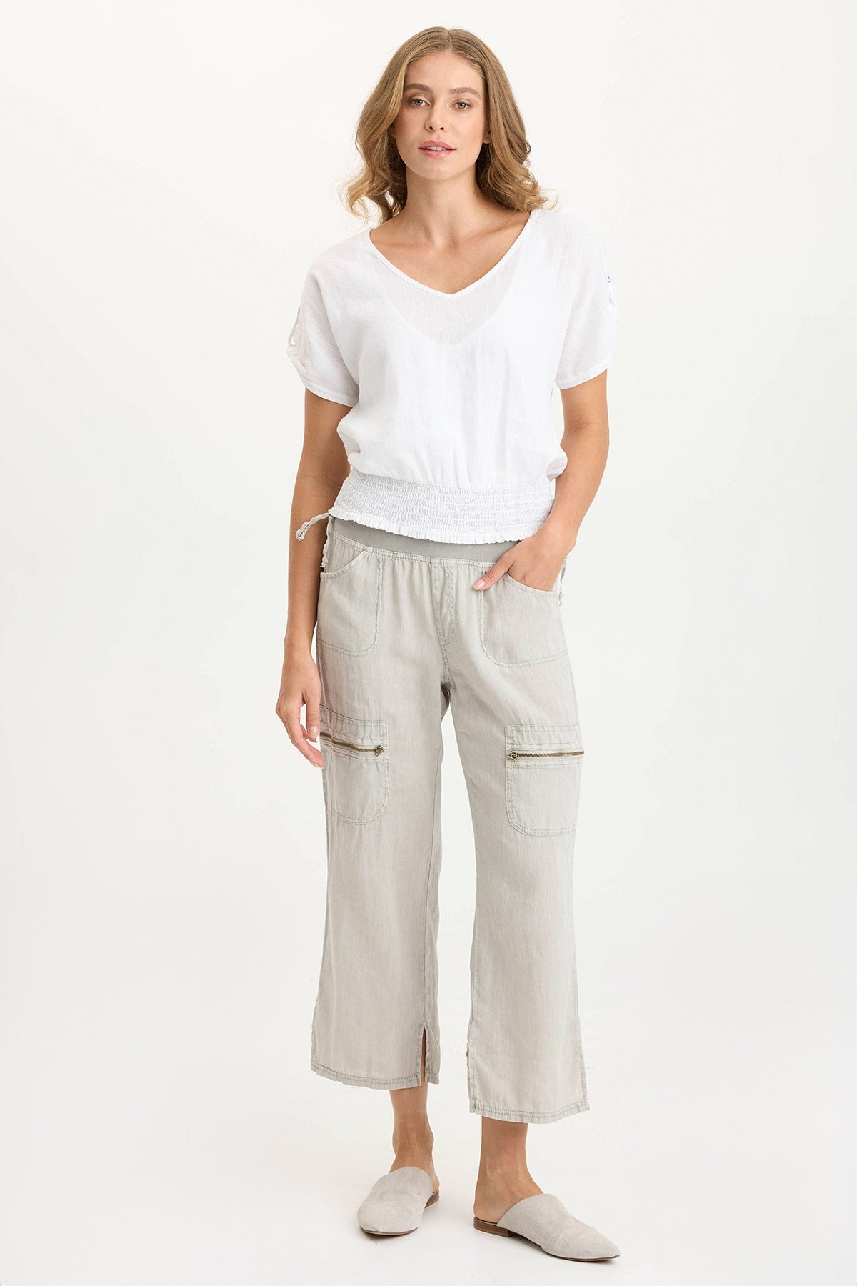 XCVI Oko Linen/Jersey Cinched Hem Top
