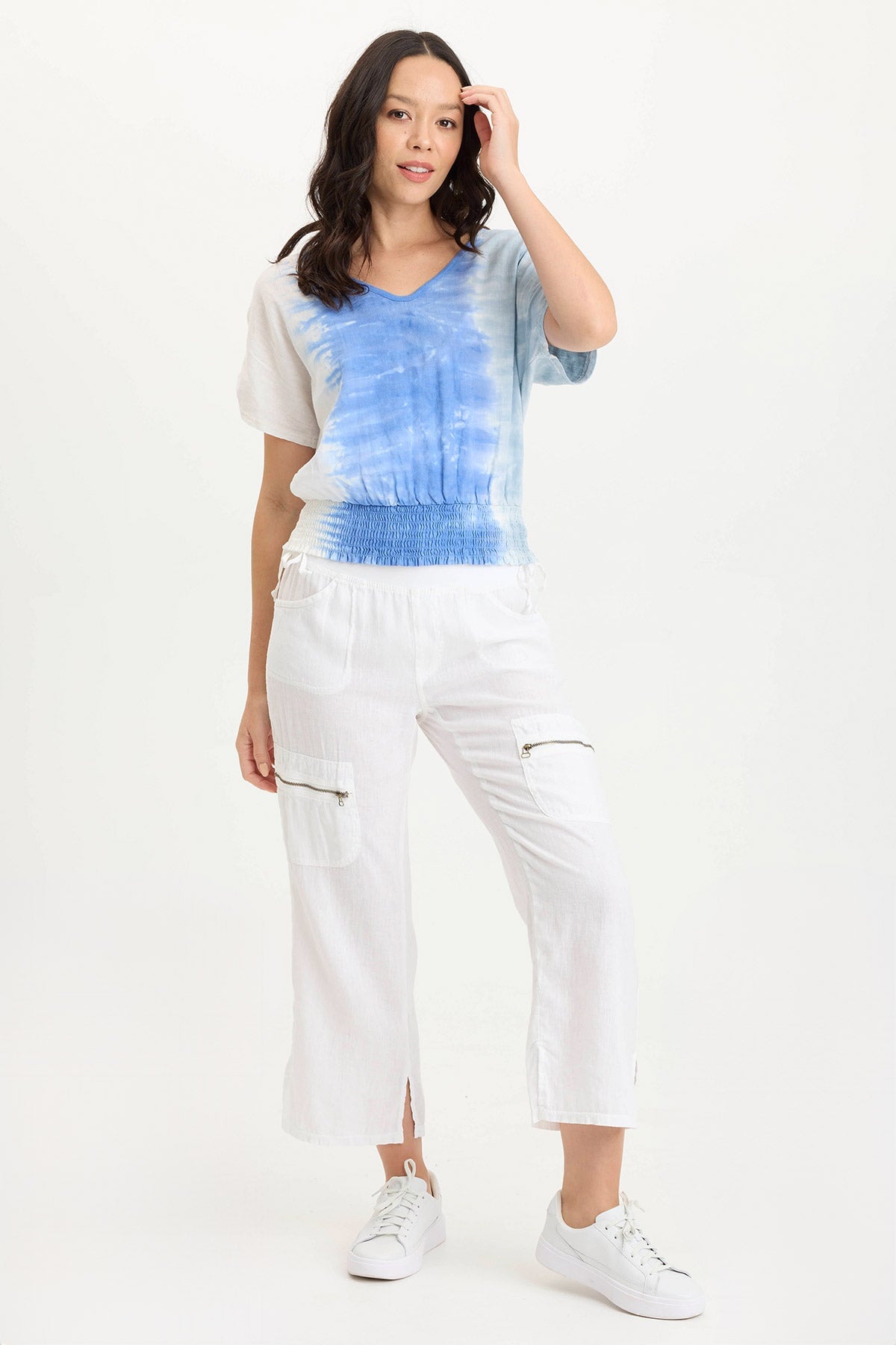 XCVI Oko Linen/Jersey Cinched Hem Top