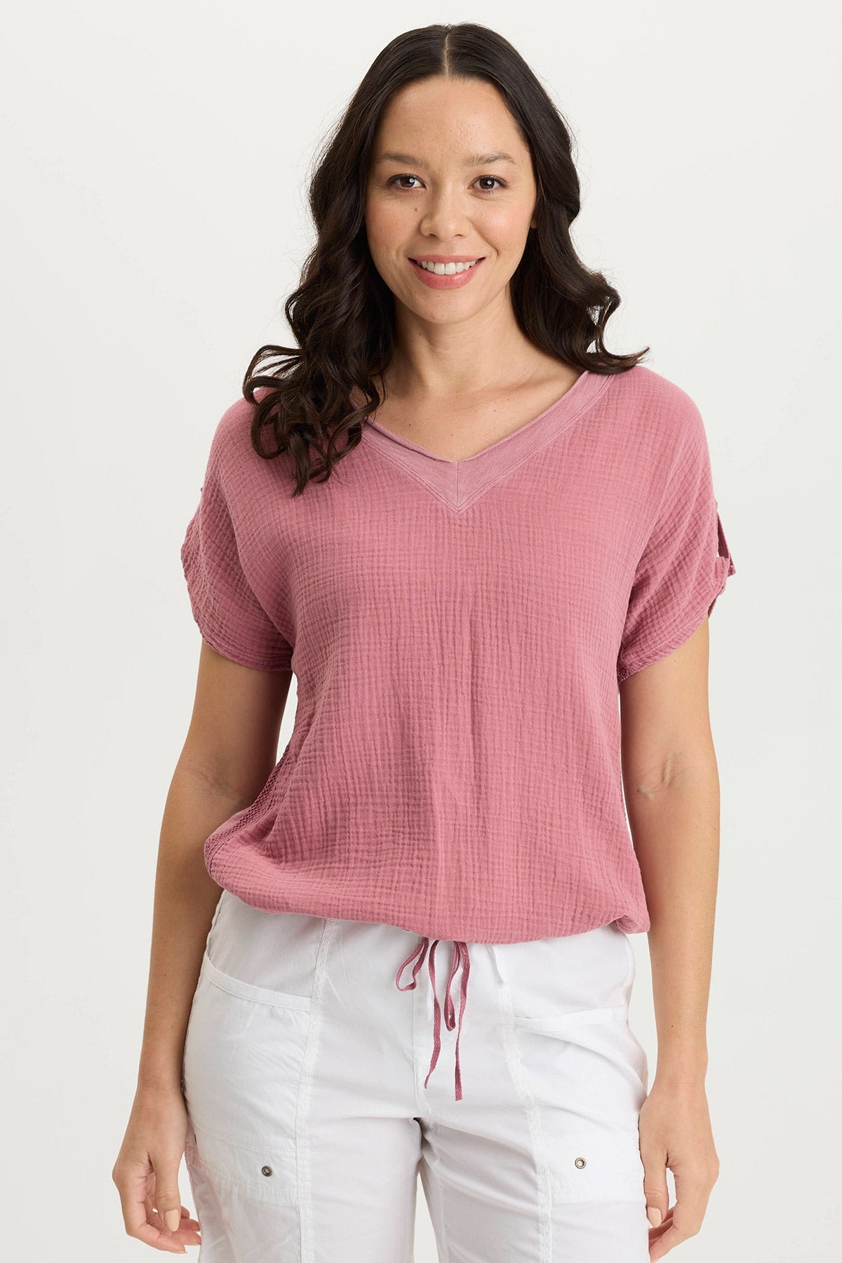 XCVI Bower Gauze/Jersey Tabbed-Sleeve Bubble-Hem V-Neck Tee