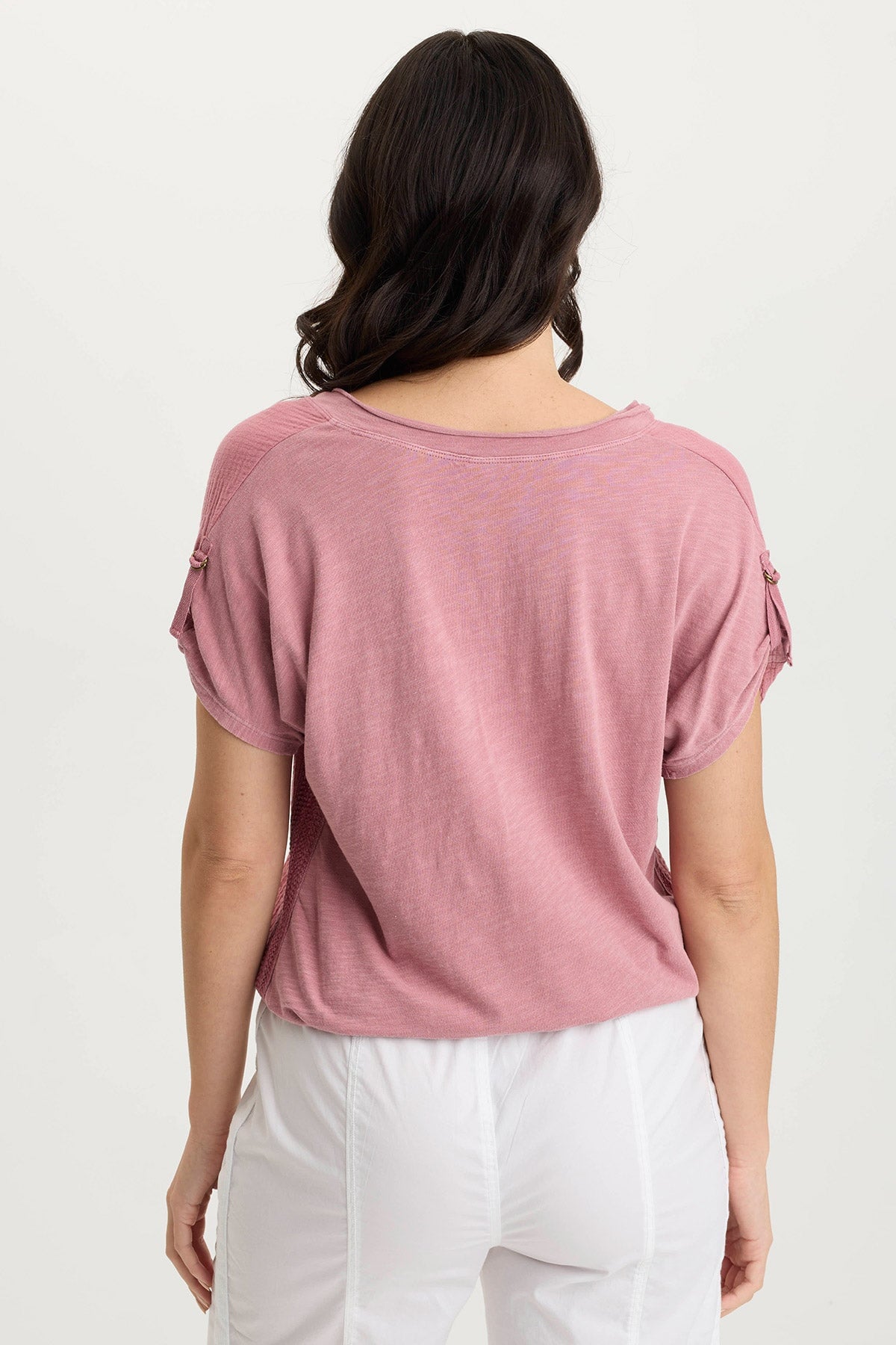 XCVI Bower Gauze/Jersey Tabbed-Sleeve Bubble-Hem V-Neck Tee