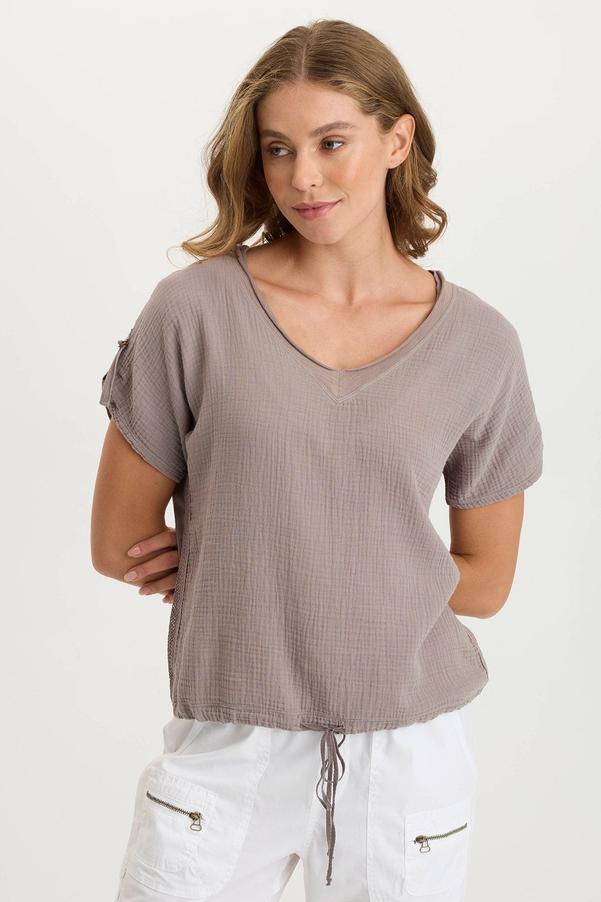 XCVI Bower Gauze/Jersey Tabbed-Sleeve Bubble-Hem V-Neck Tee