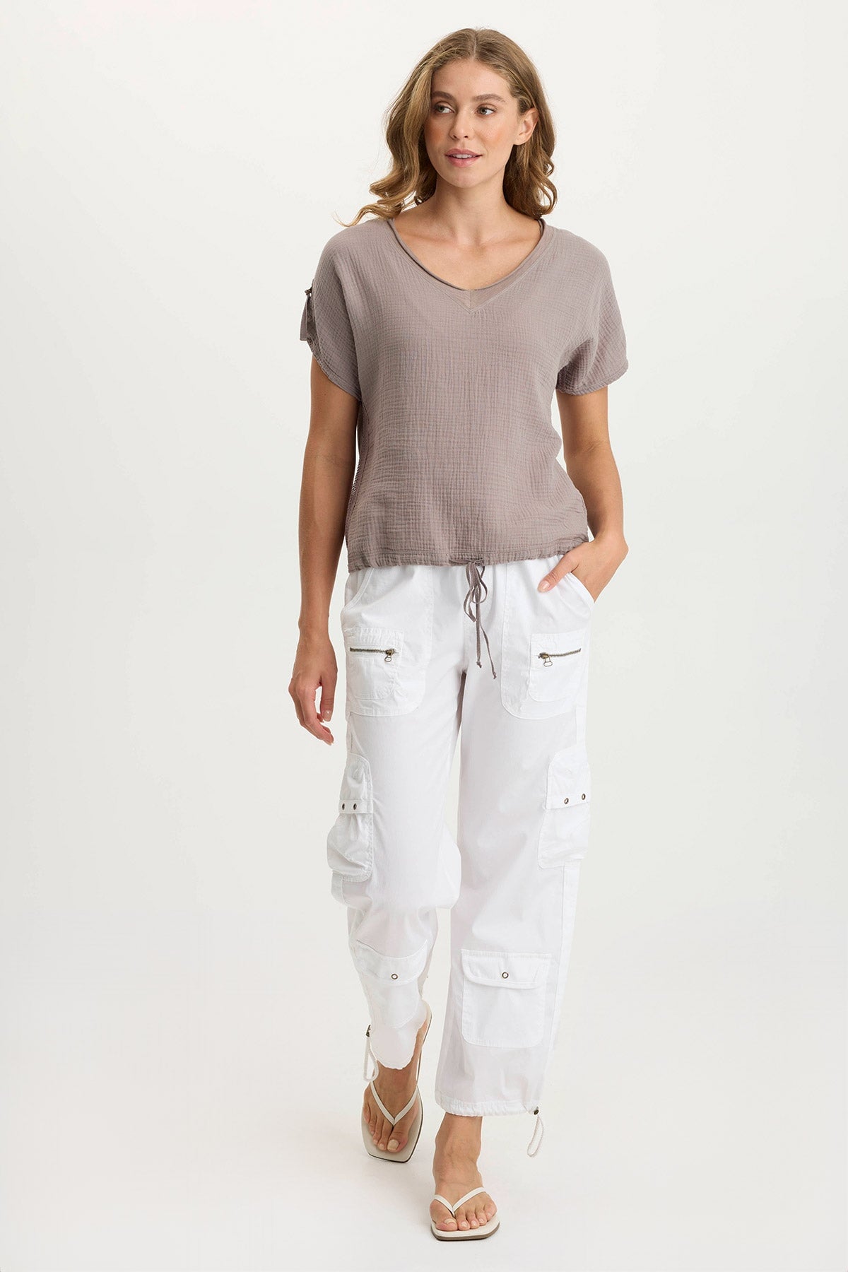 XCVI Bower Gauze/Jersey Tabbed-Sleeve Bubble-Hem V-Neck Tee