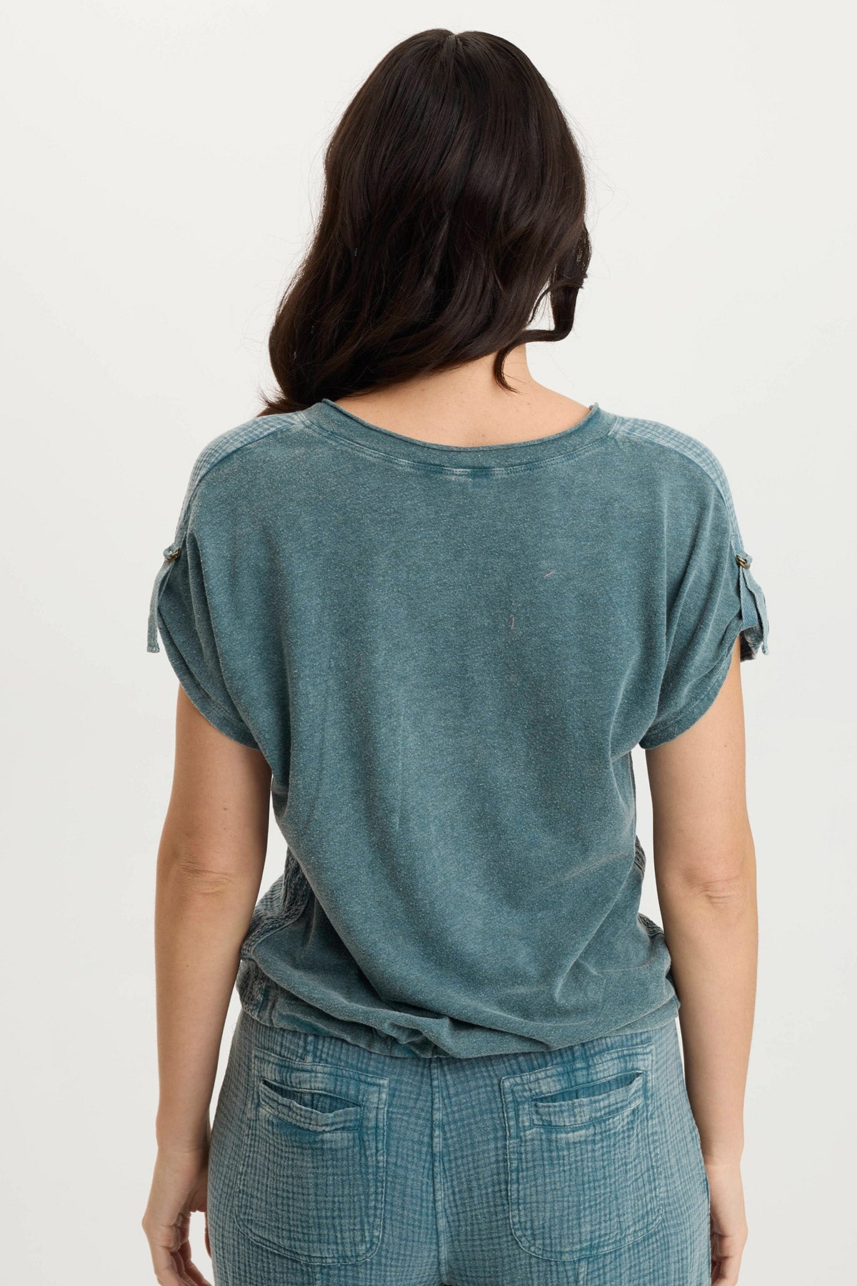 XCVI Bower Gauze/Jersey Tabbed-Sleeve Bubble-Hem V-Neck Tee