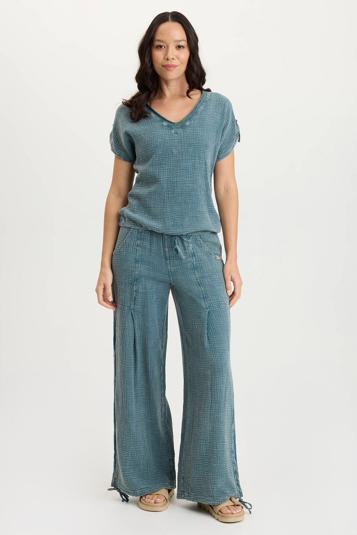 XCVI Bower Gauze/Jersey Tabbed-Sleeve Bubble-Hem V-Neck Tee