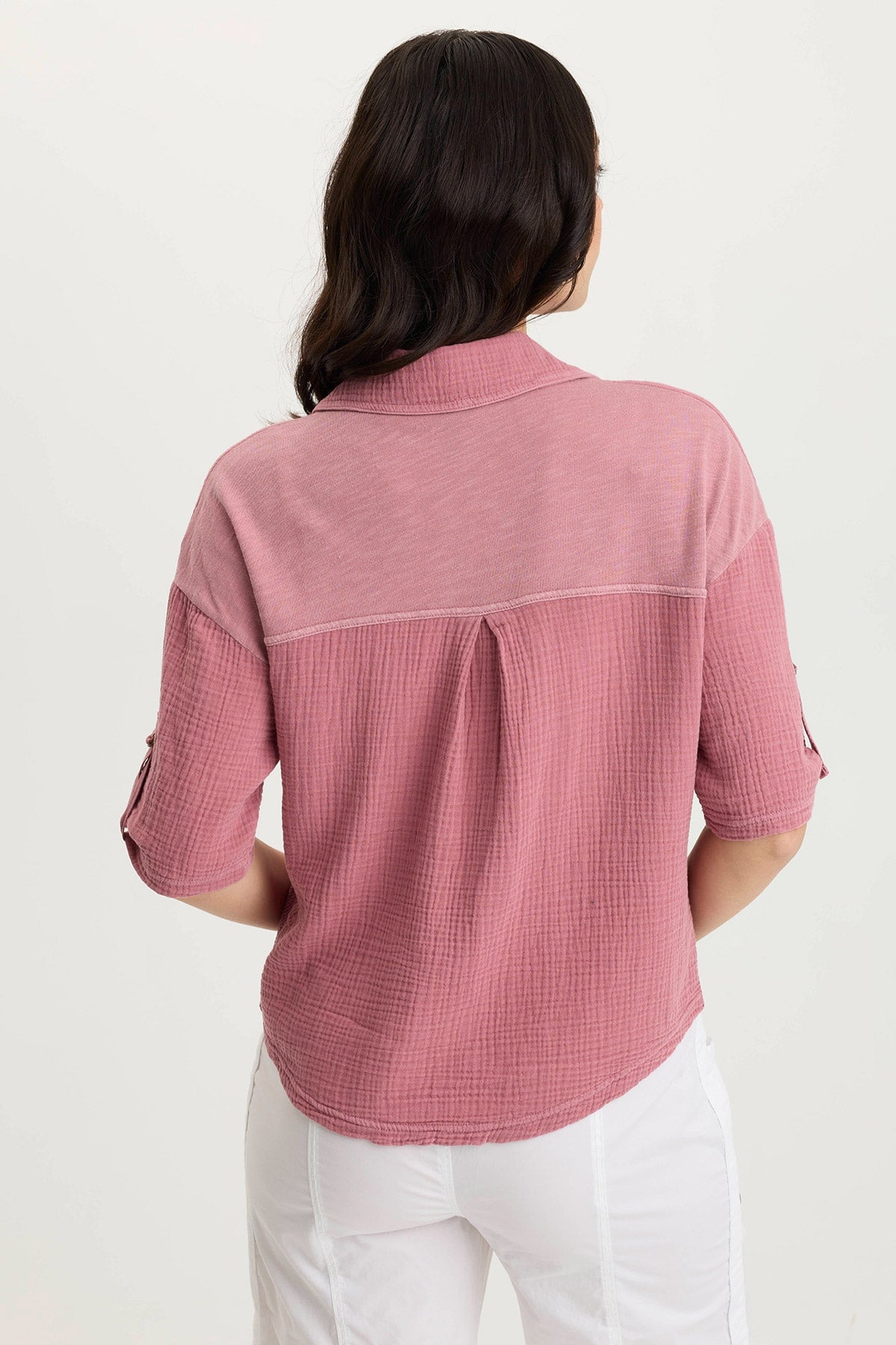 XCVI Maurise Gauze/Jersey Tabbed-Sleeve Snap-Up Top