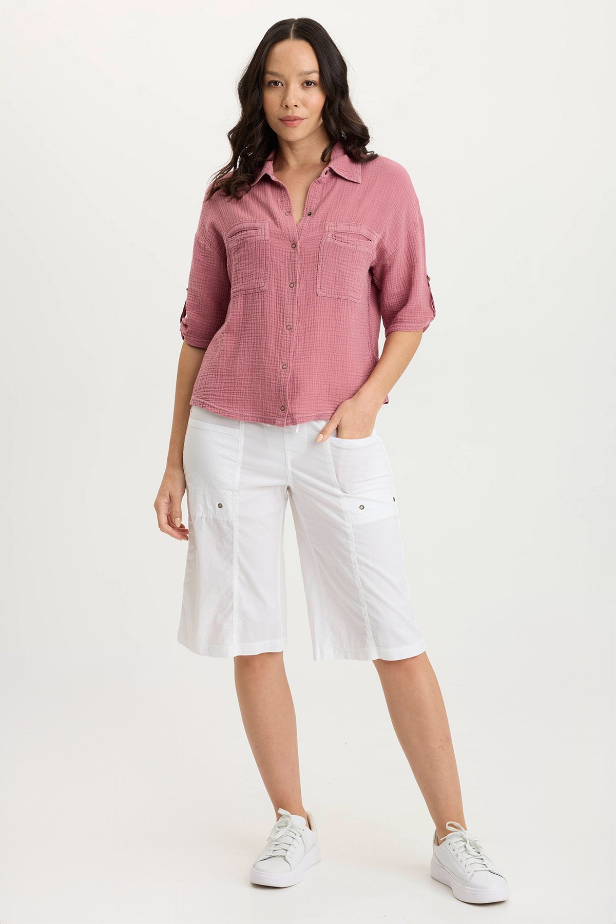 XCVI Maurise Gauze/Jersey Tabbed-Sleeve Snap-Up Top