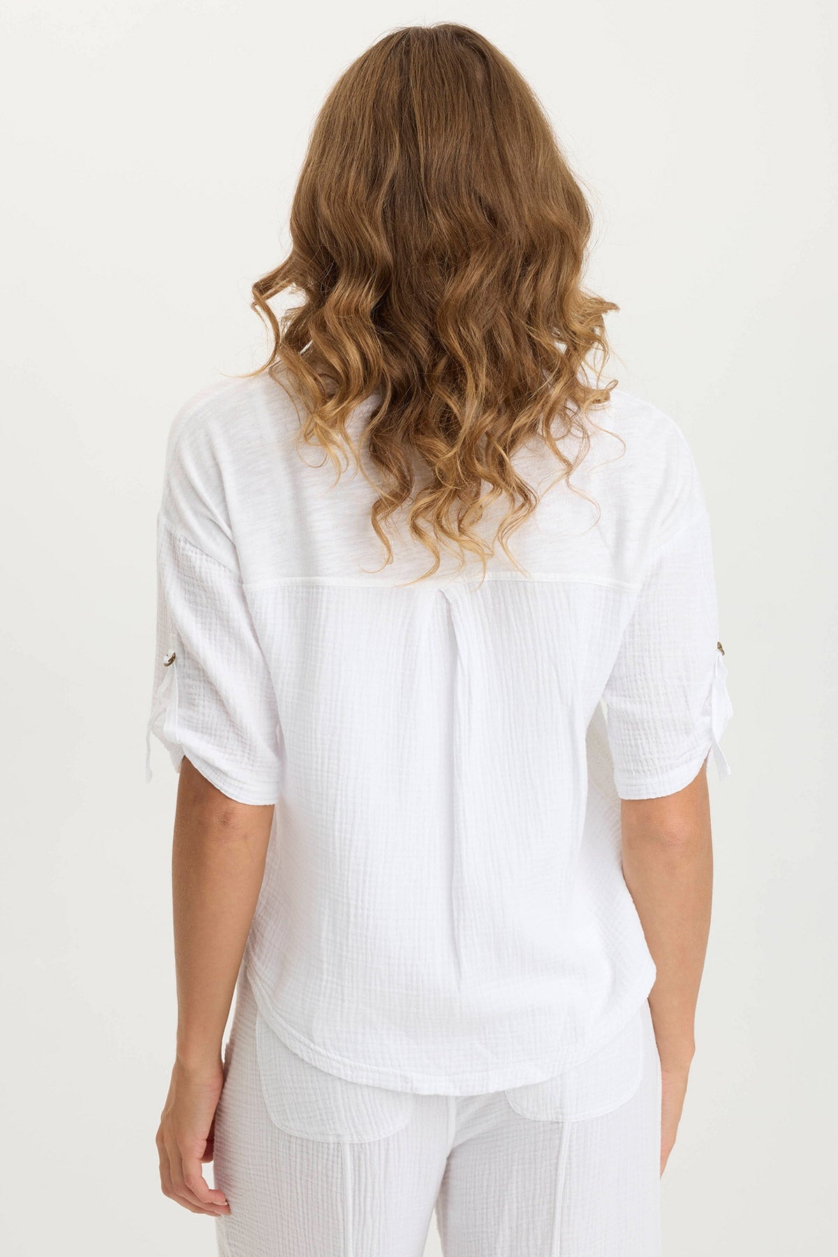 XCVI Maurise Gauze/Jersey Tabbed-Sleeve Snap-Up Top