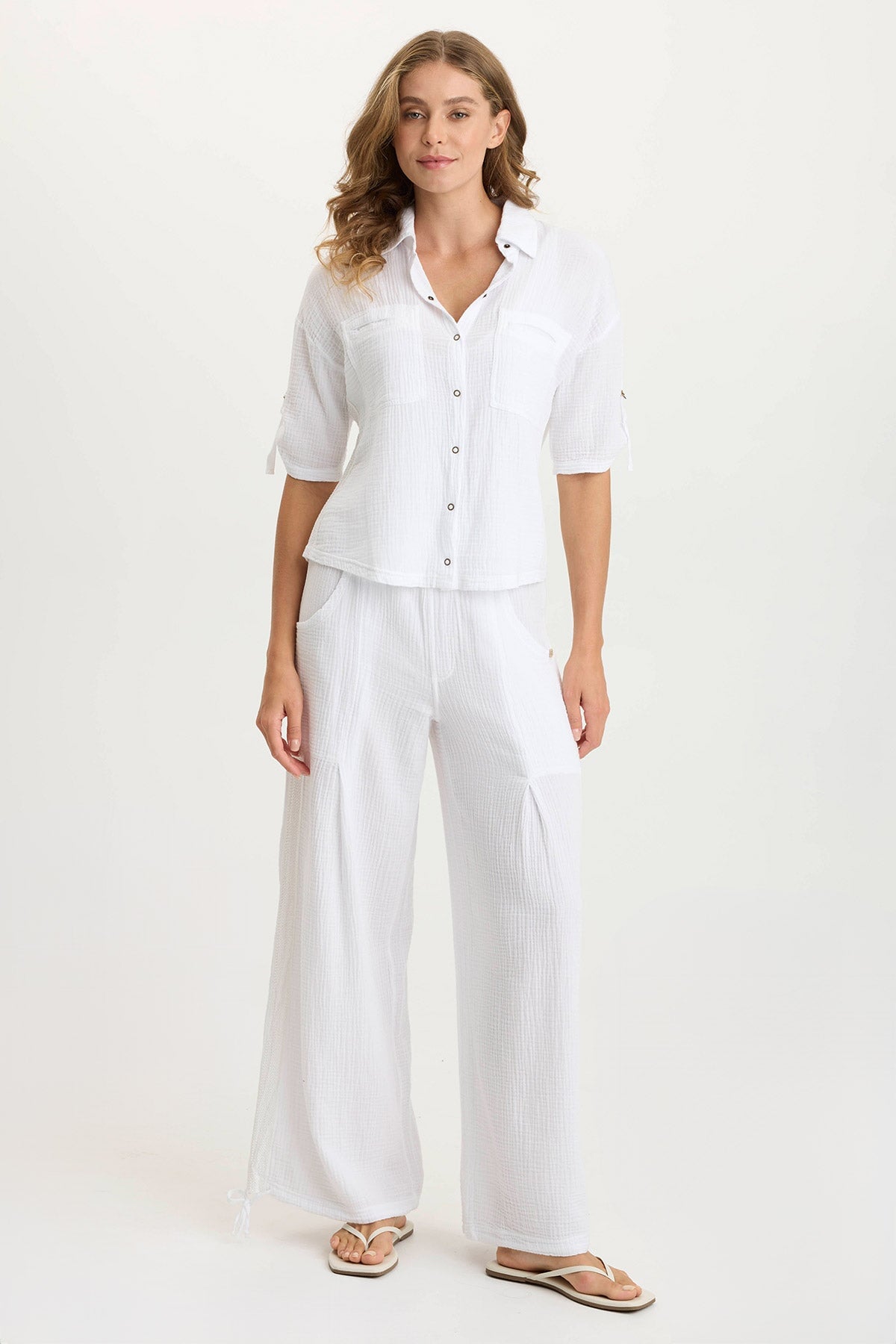 XCVI Maurise Gauze/Jersey Tabbed-Sleeve Snap-Up Top