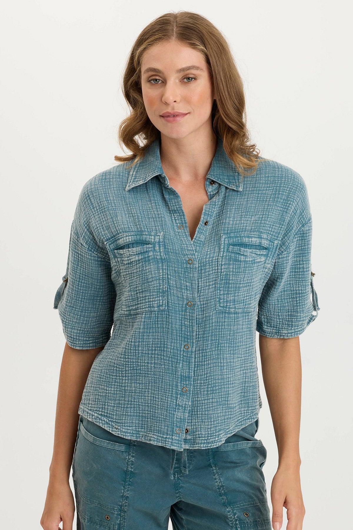 XCVI Maurise Gauze/Jersey Tabbed-Sleeve Snap-Up Top