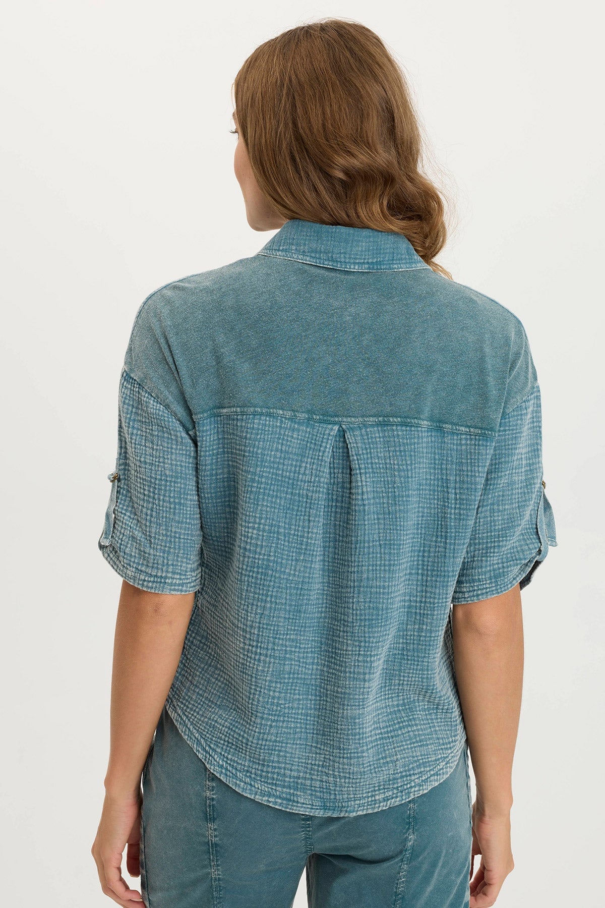 XCVI Maurise Gauze/Jersey Tabbed-Sleeve Snap-Up Top