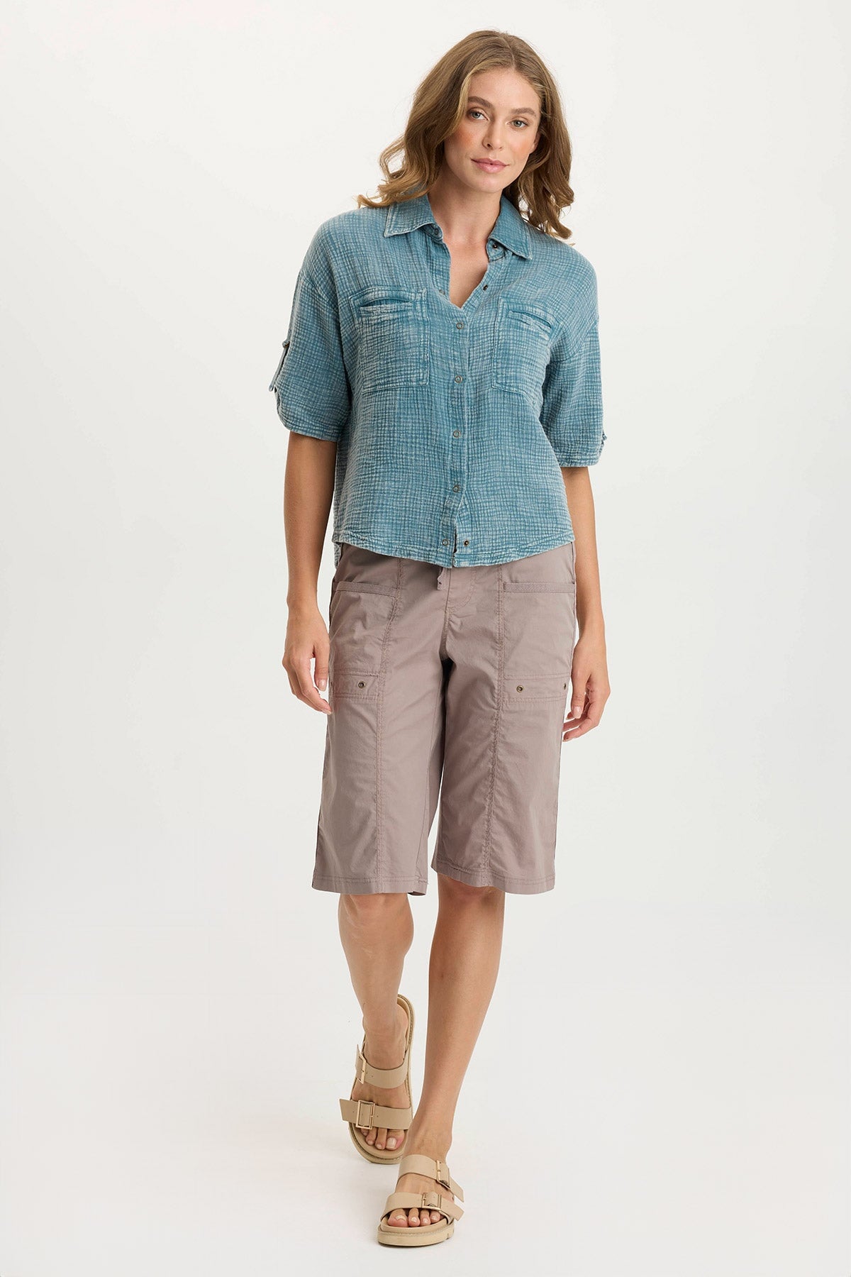 XCVI Maurise Gauze/Jersey Tabbed-Sleeve Snap-Up Top