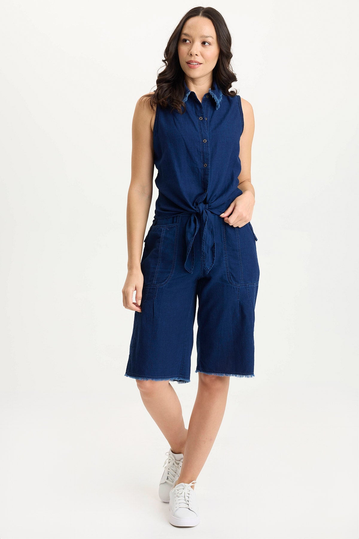 XCVI Tague Indigo Twill Knotted High-Low Snap-Up Tank