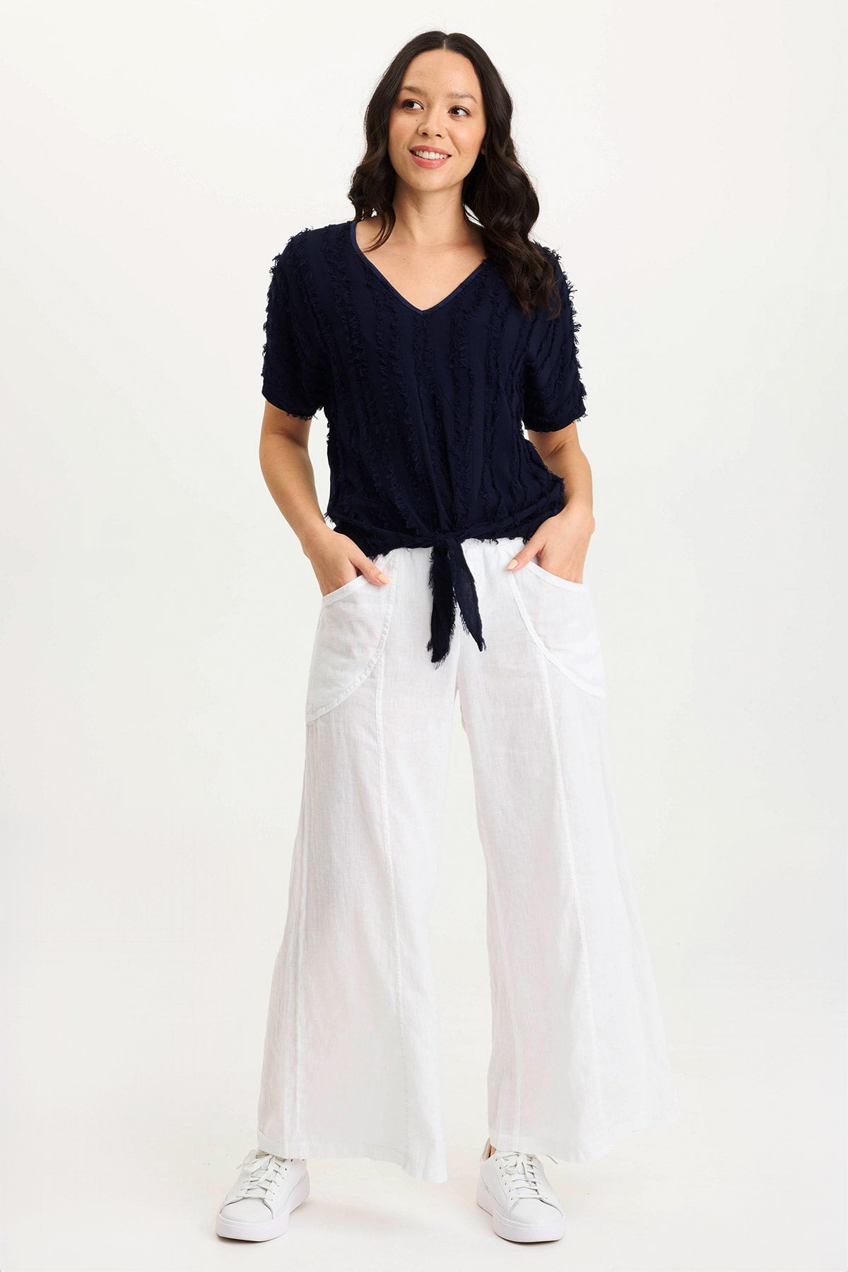 XCVI Pia Paper-Bag Waist Linen Wide Leg Pant
