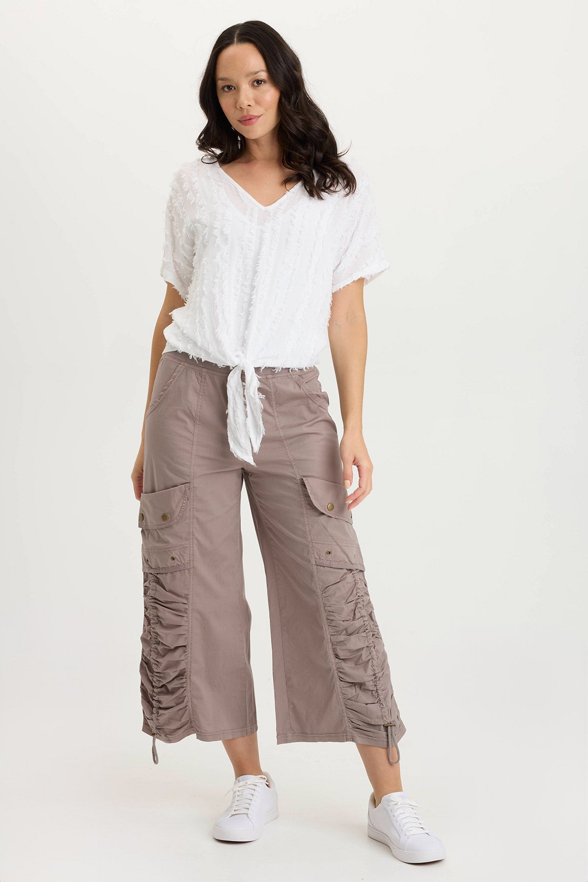 XCVI Curine Stripe Voile/Jersey Knotted V-Neck Top