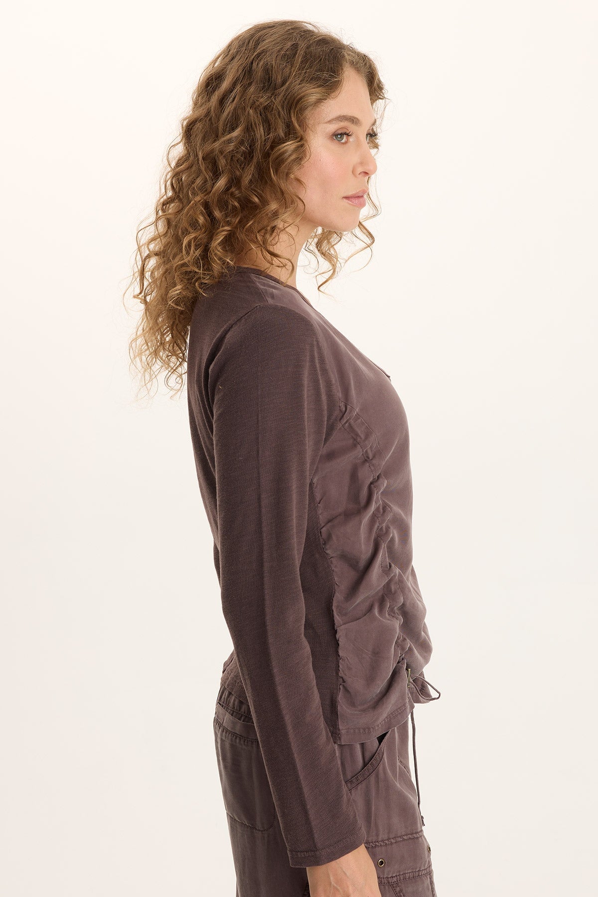 XCVI Ketti Long Sleeve Twill/Jersey Ruched V-Neck