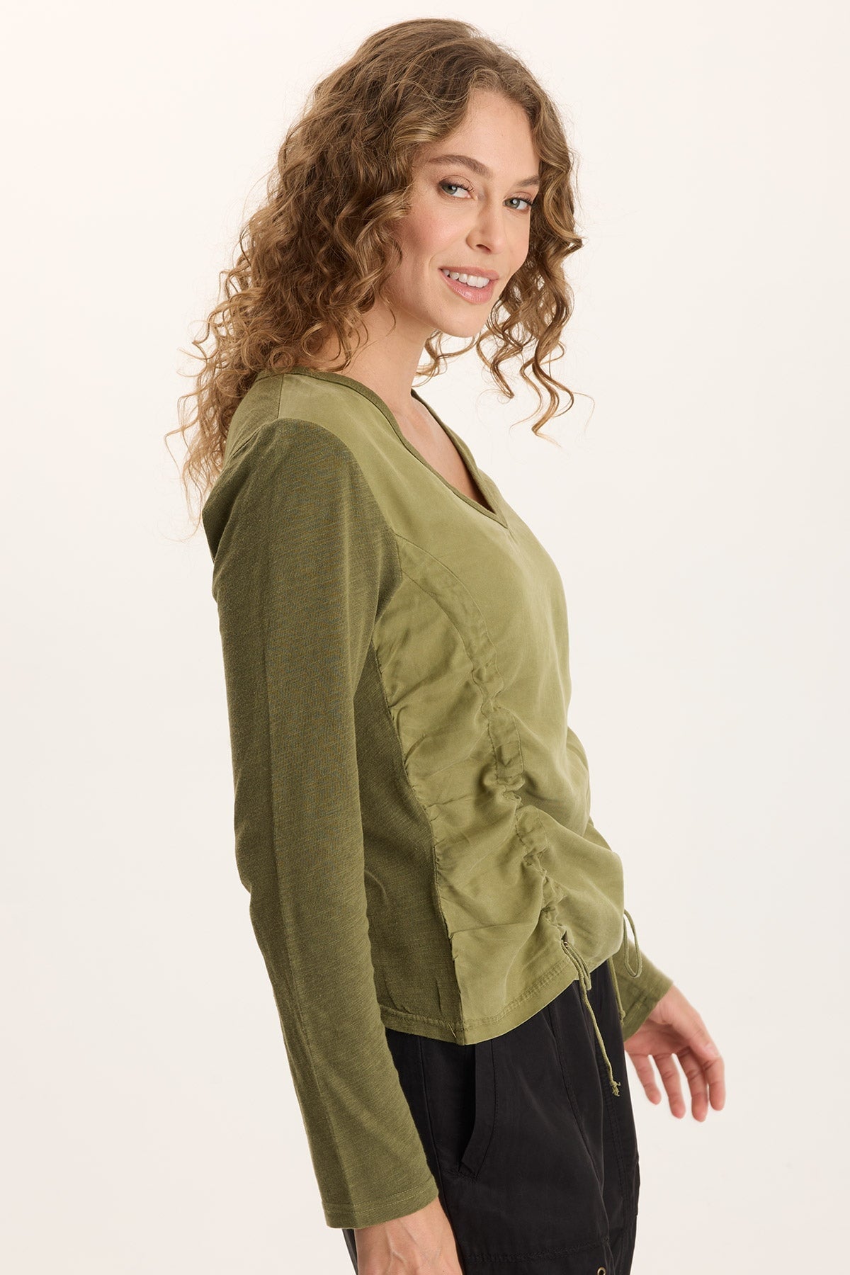 XCVI Ketti Long Sleeve Twill/Jersey Ruched V-Neck