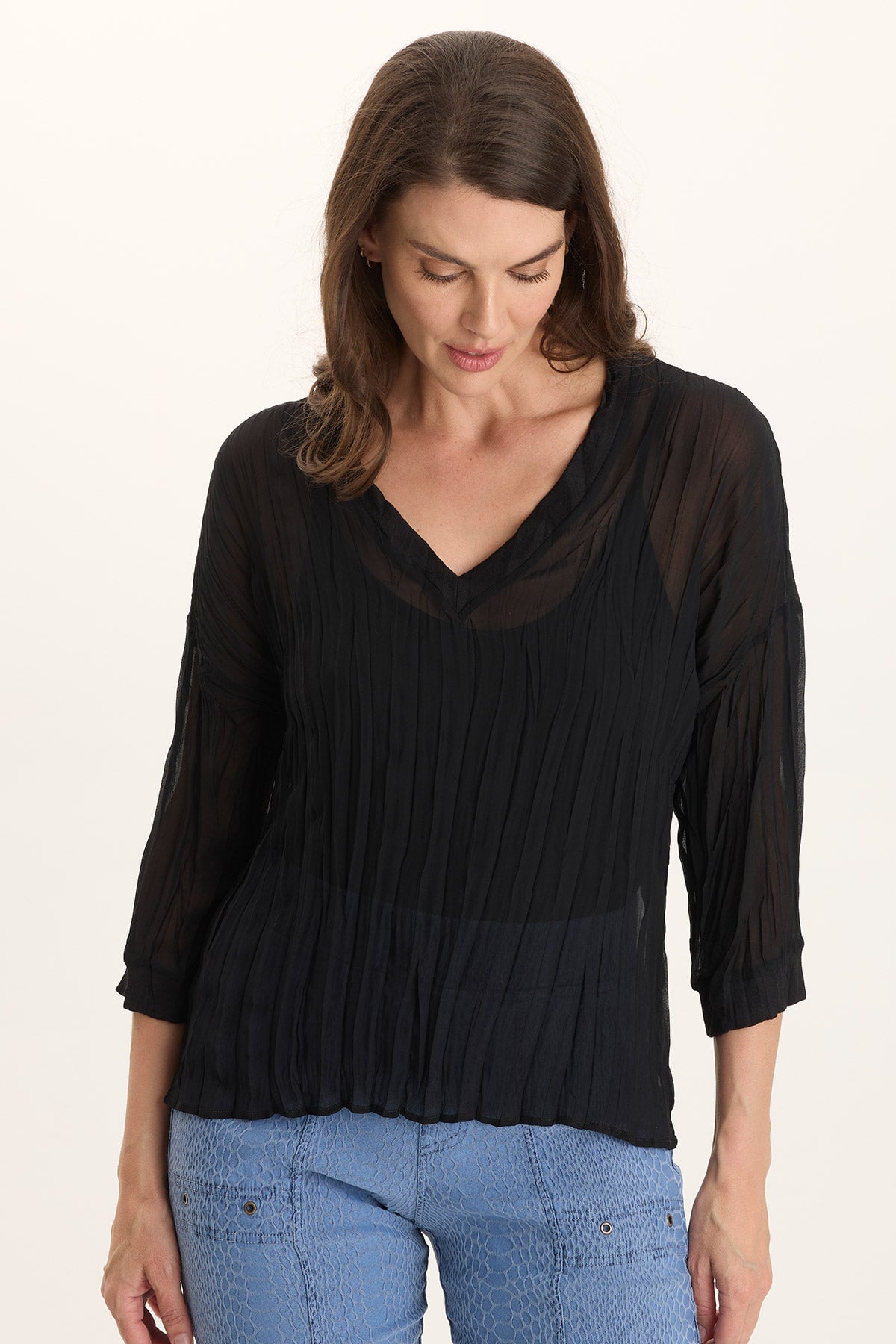 XCVI Hoyt Crinkle Pleat 3/4-Sleeve V-Neck