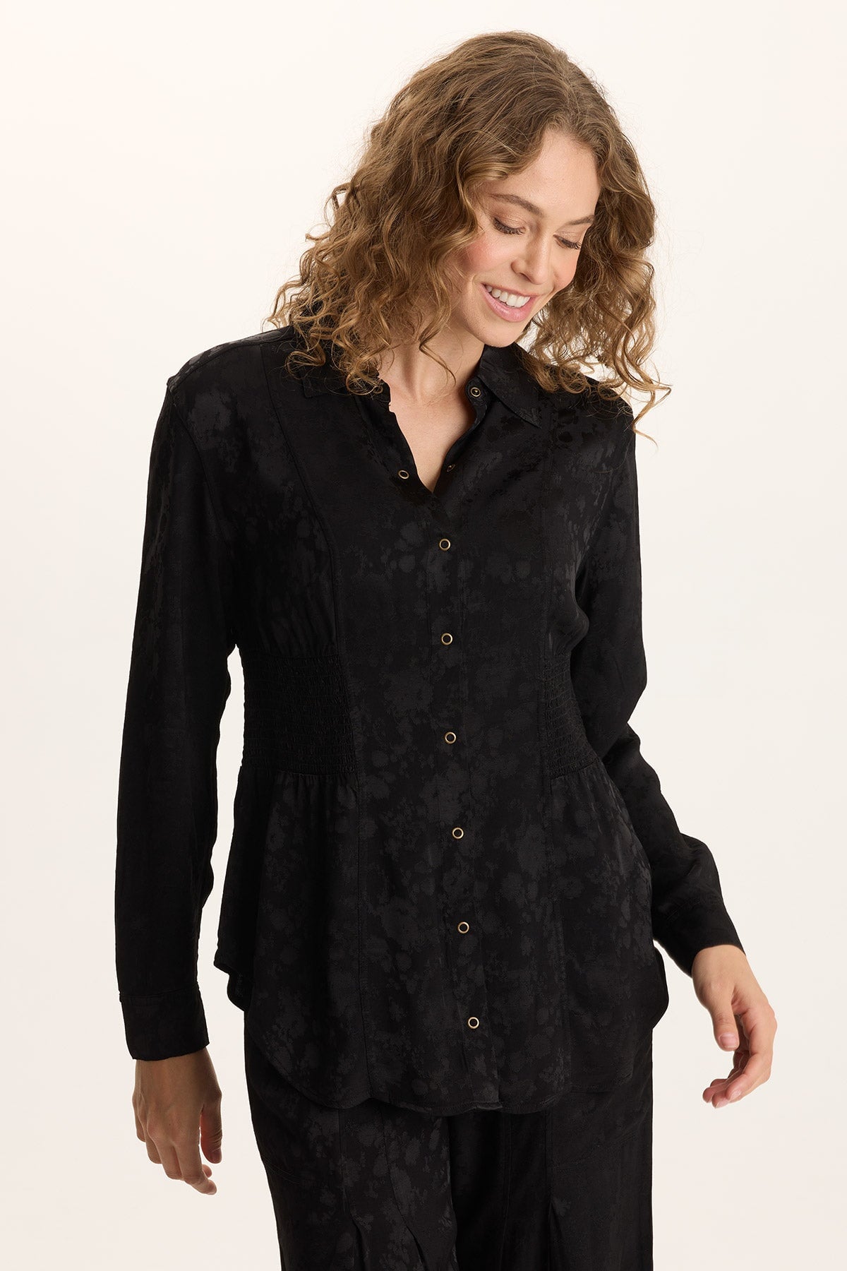 XCVI Senneca Textured Satin Shirred Peplum Button-Up Blouse