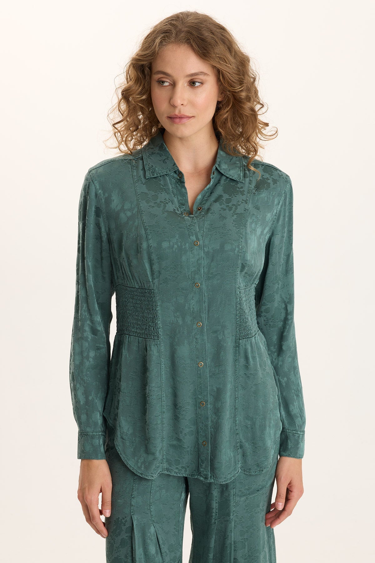 XCVI Senneca Textured Satin Shirred Peplum Button-Up Blouse