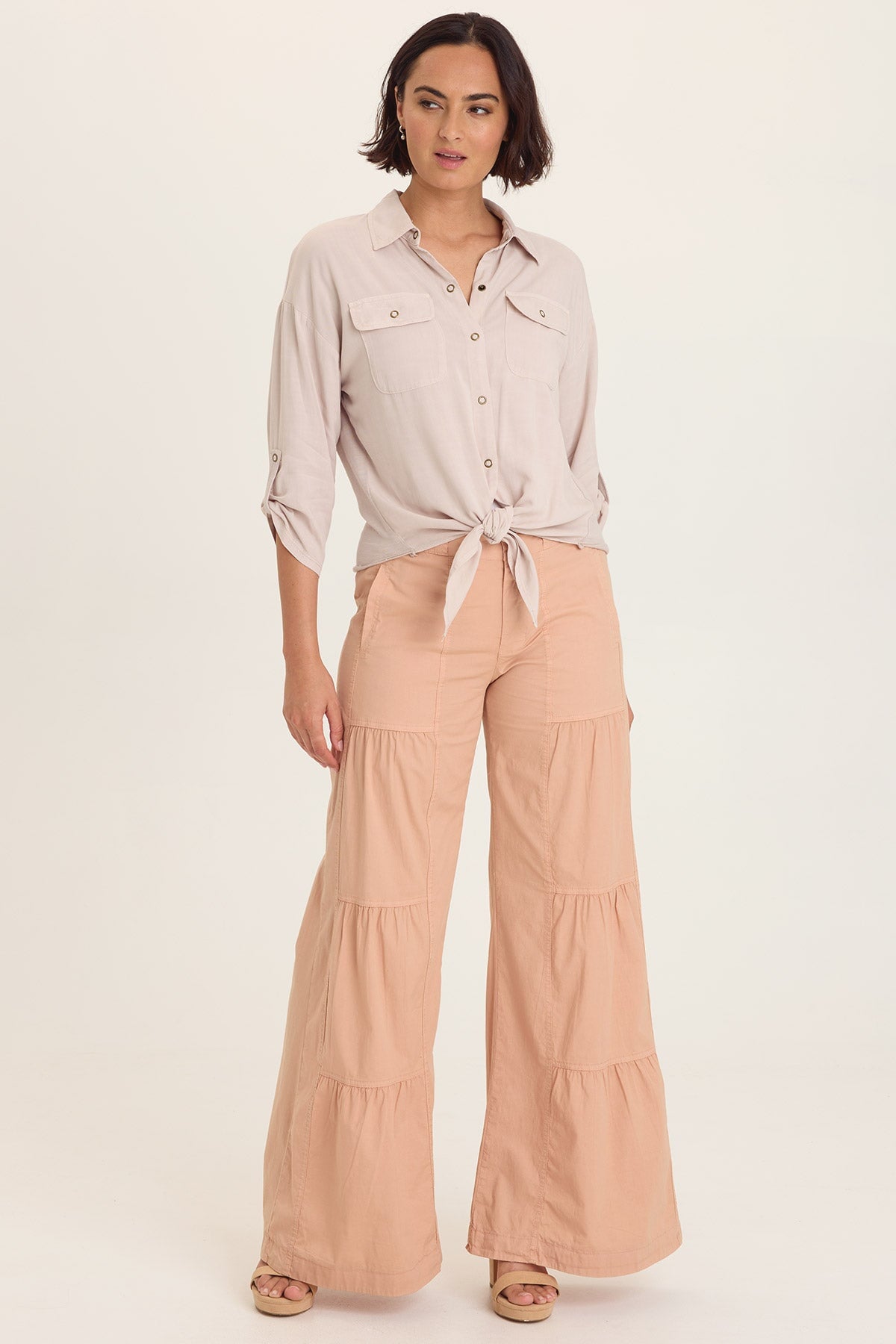 Wearables Tiered Wide Leg Drawstring Flare Ruched Pant