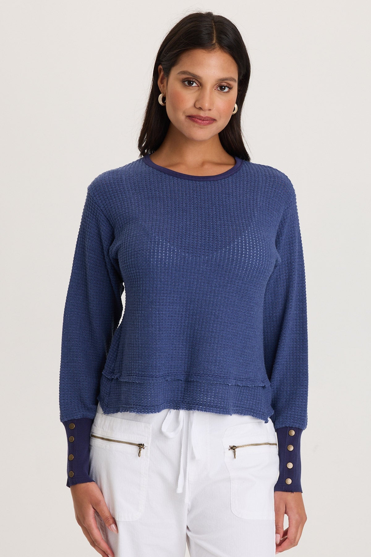 XCVI Long Ribbed Buttoned Cuffs Thermal Long Sleeve Kelsoe Crew Neck