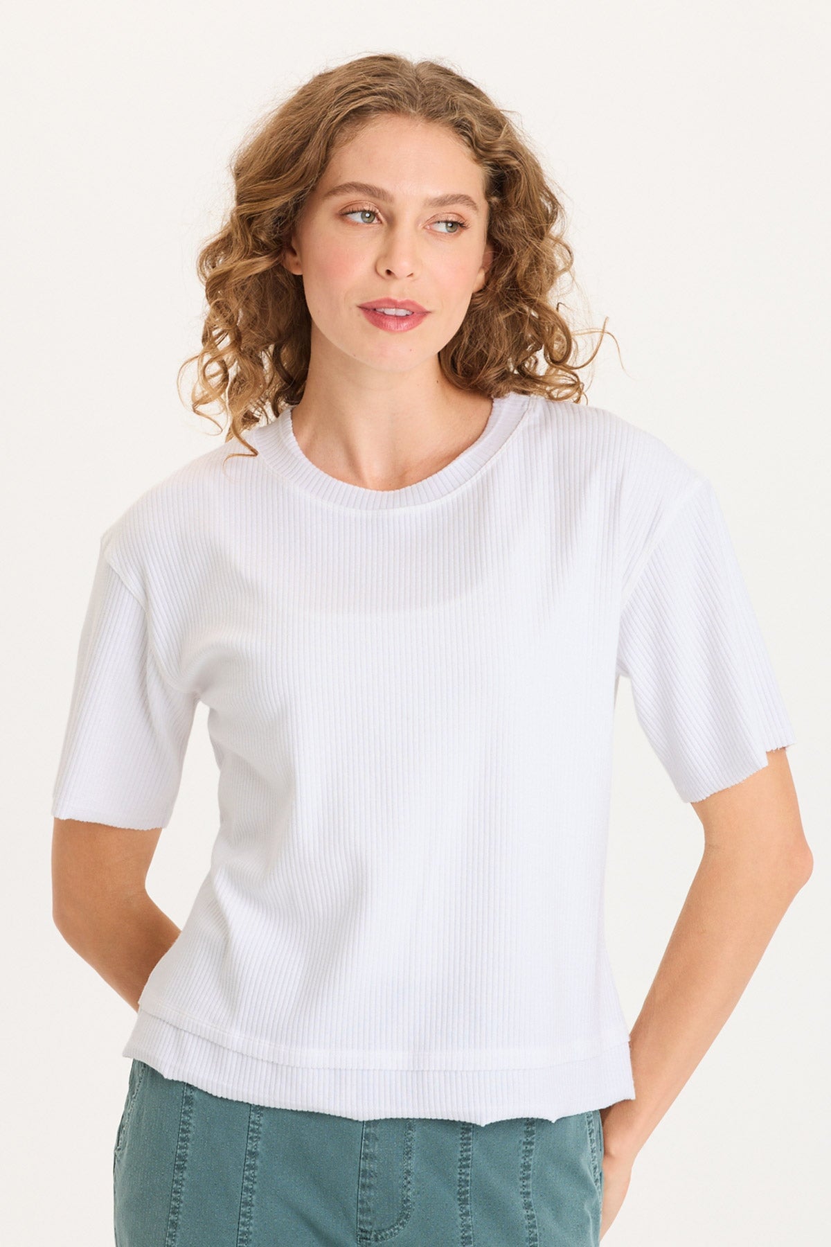 XCVI Drop Shoulder Double Raw Edge Hem Longer Short Sleeve Cairns Tee
