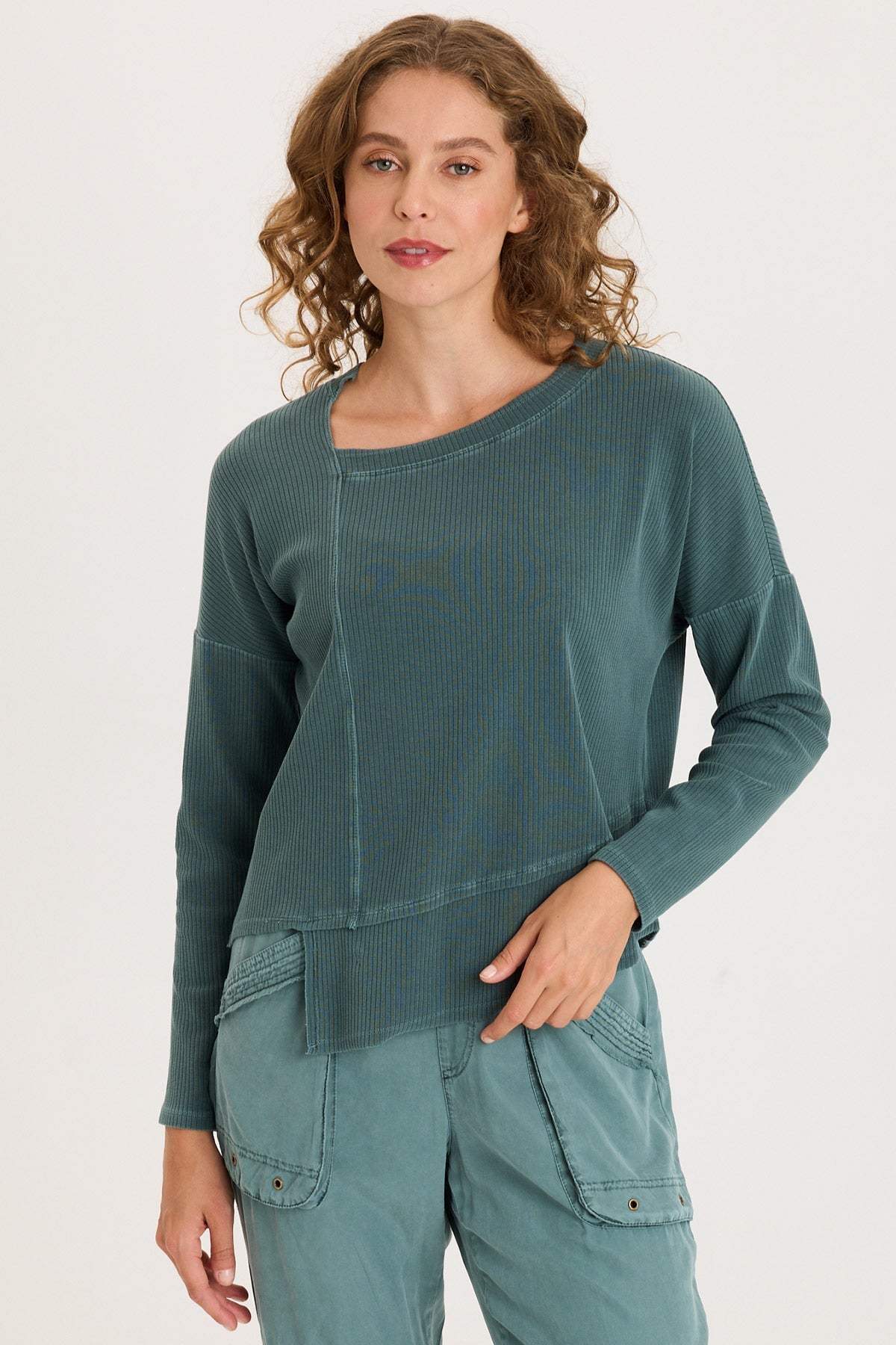 XCVI Hadden Asymmetrial Hem and Seams Wide Rib Long Sleeve Top
