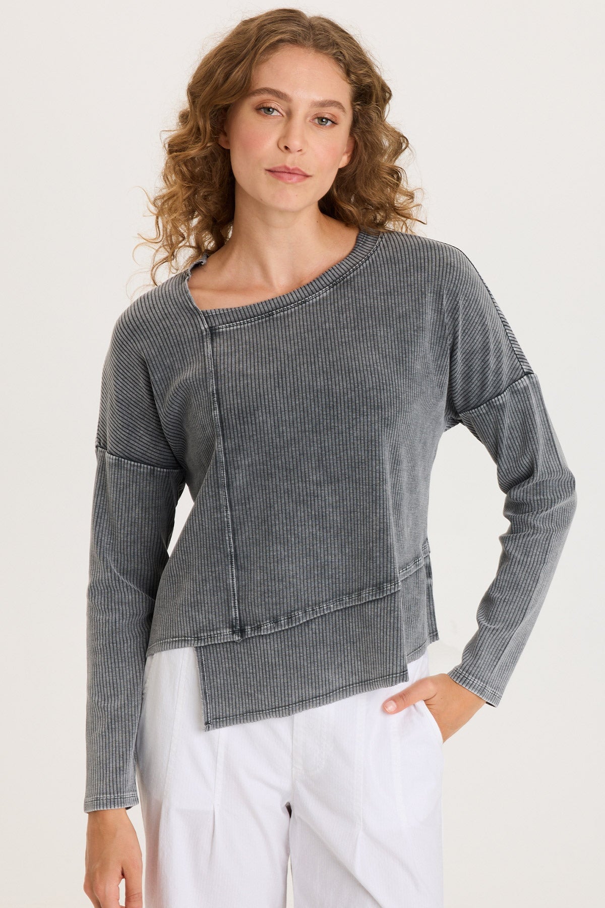 XCVI Hadden Asymmetrial Hem and Seams Wide Rib Long Sleeve Top