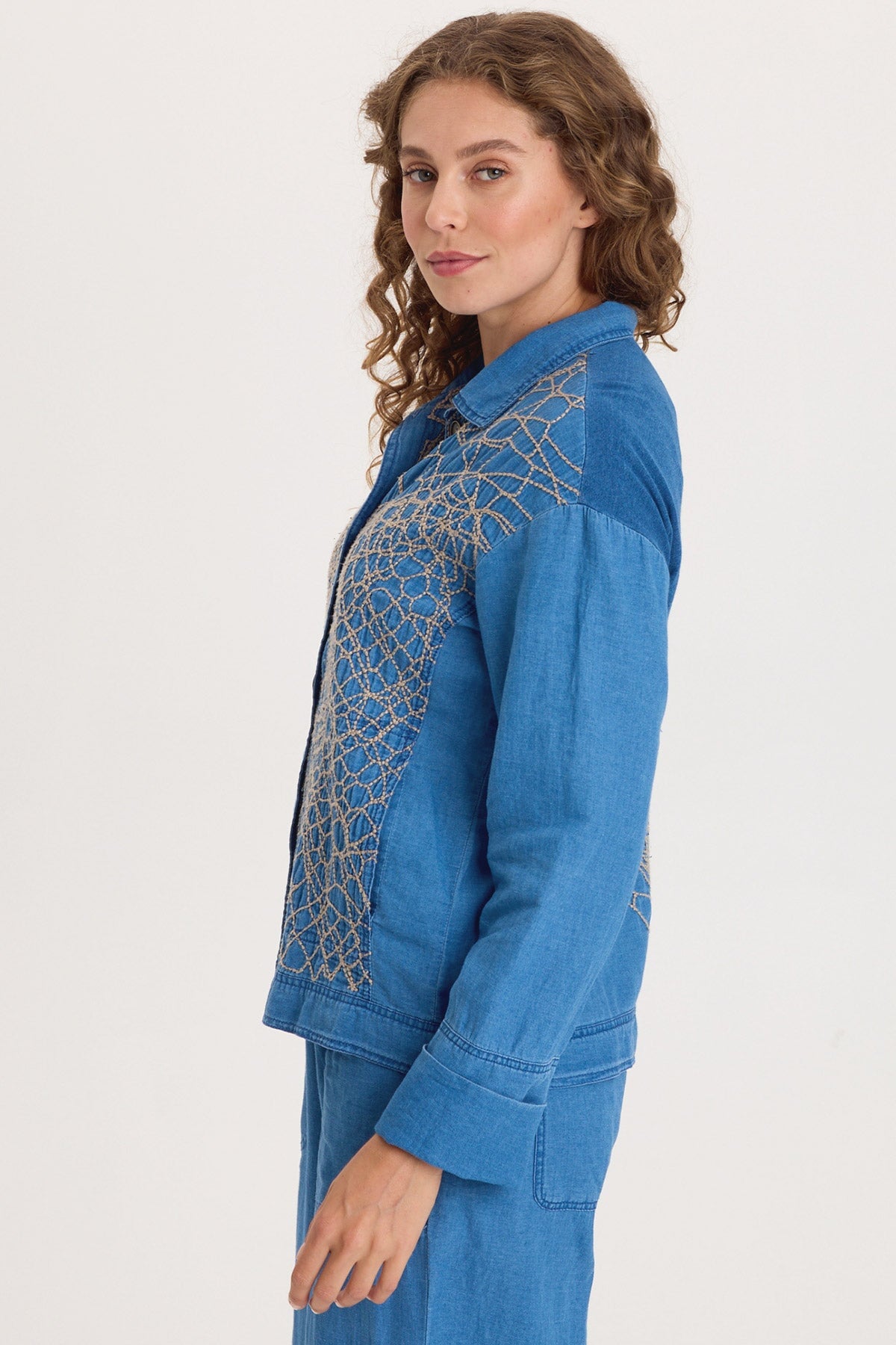 XCVI Helm Embroidered Mock-Denim Jacket