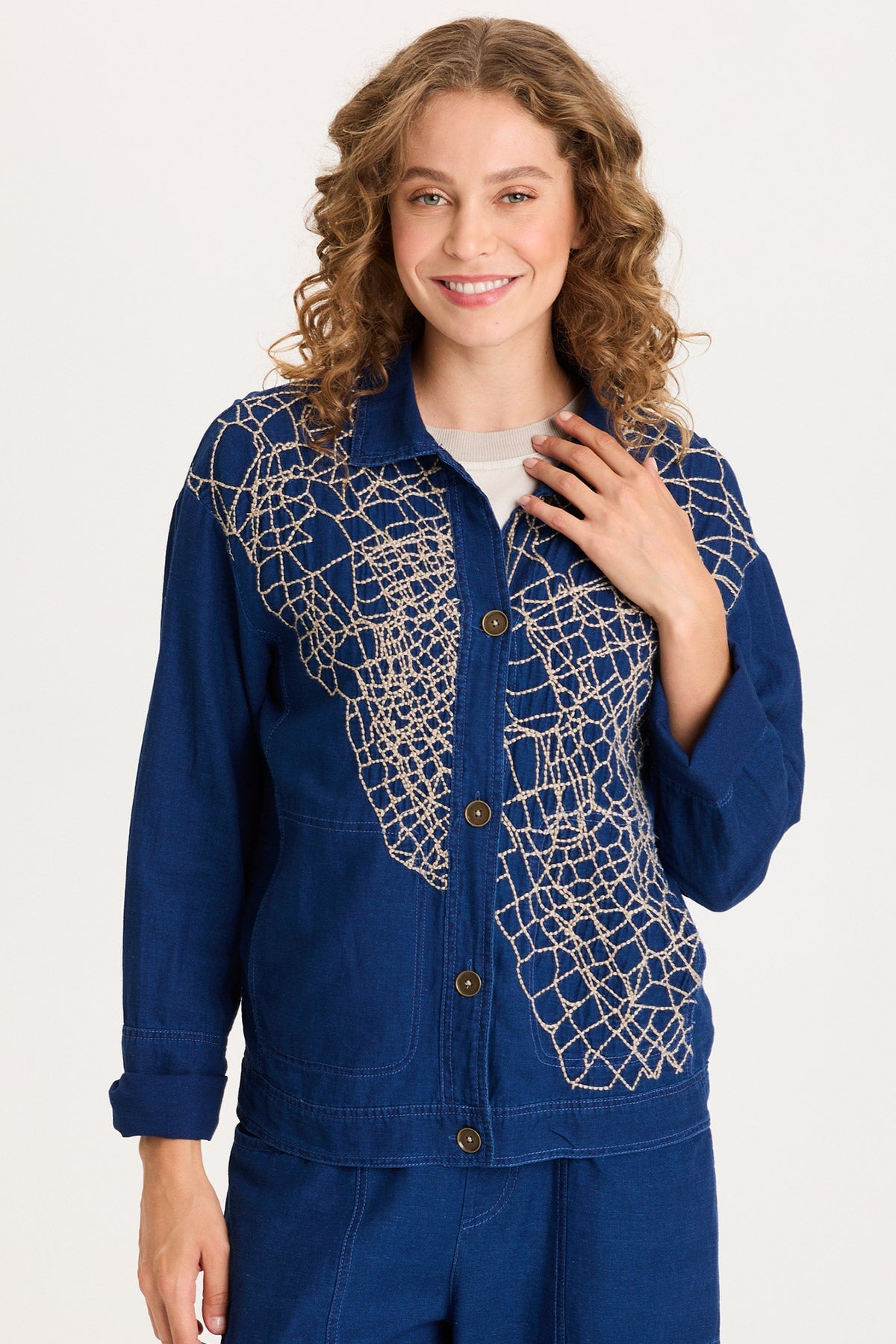 XCVI Mock-Denim Embroidered Button-Front Utility Helm Jacket