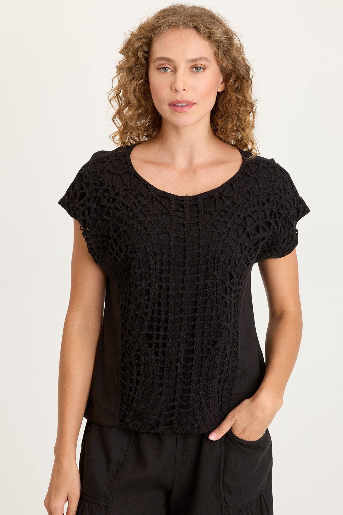 XCVI Nashir Crochet-Front Jersey-Back Short-Sleeve Top