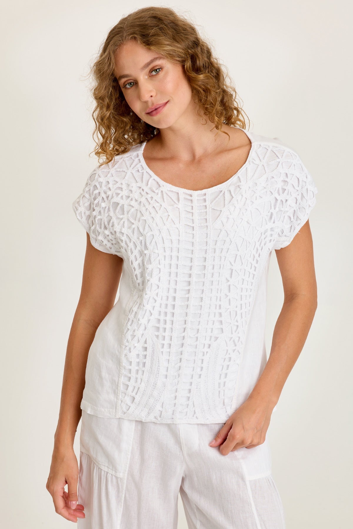 XCVI Nashir Crochet-Front Jersey-Back Short-Sleeve Top