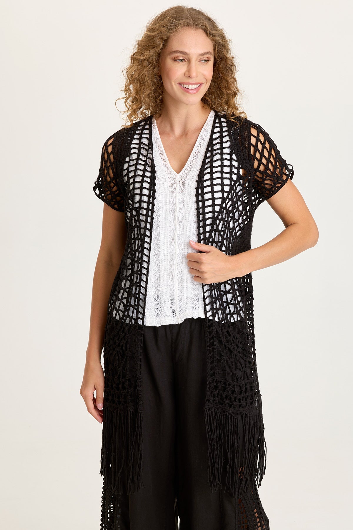 XCVI Calix Cotton Crochet Short-Sleeve Fringe Cover-Up L / Black by XCVI
