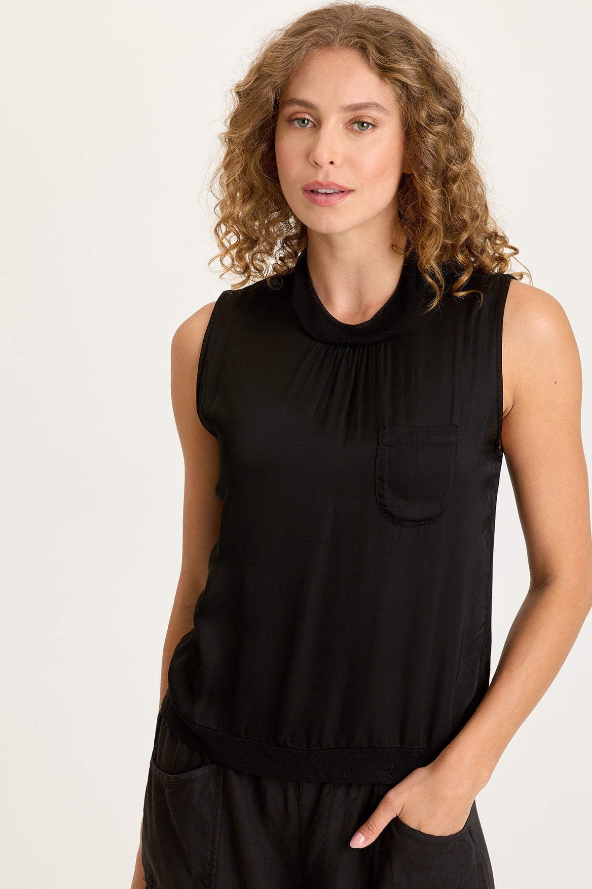 XCVI Orren Satin/Knit High Neck Sleeveless Top