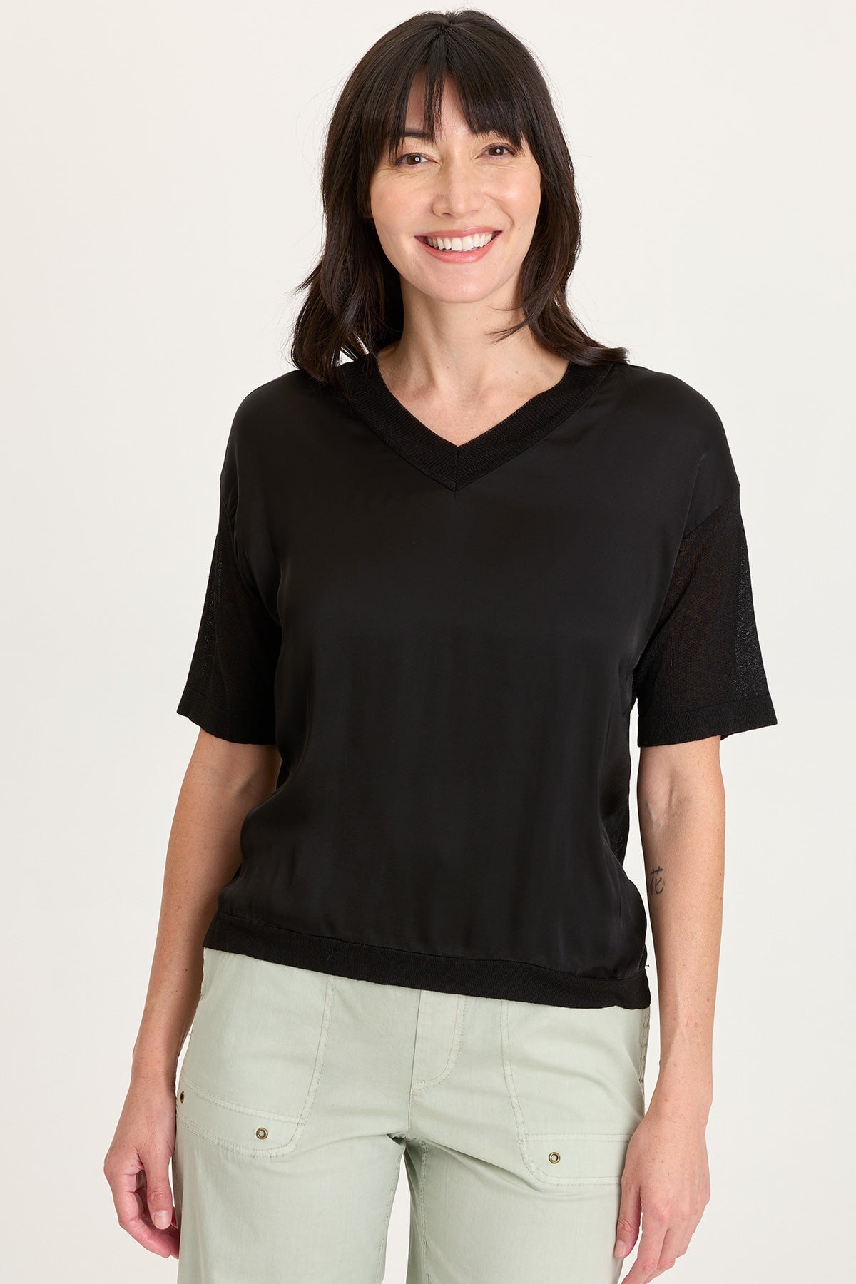 XCVI Lottie Satin/Knit Short Sleeve V-Neck Top