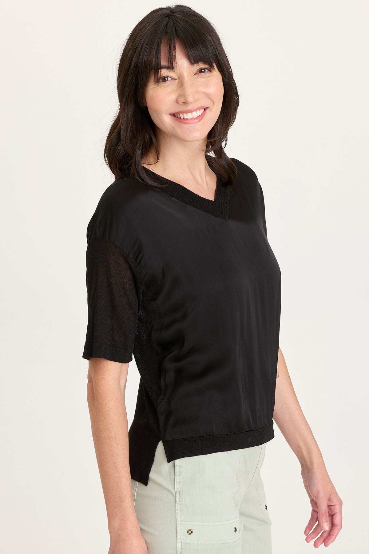 XCVI Lottie Satin/Knit V-Neck Top